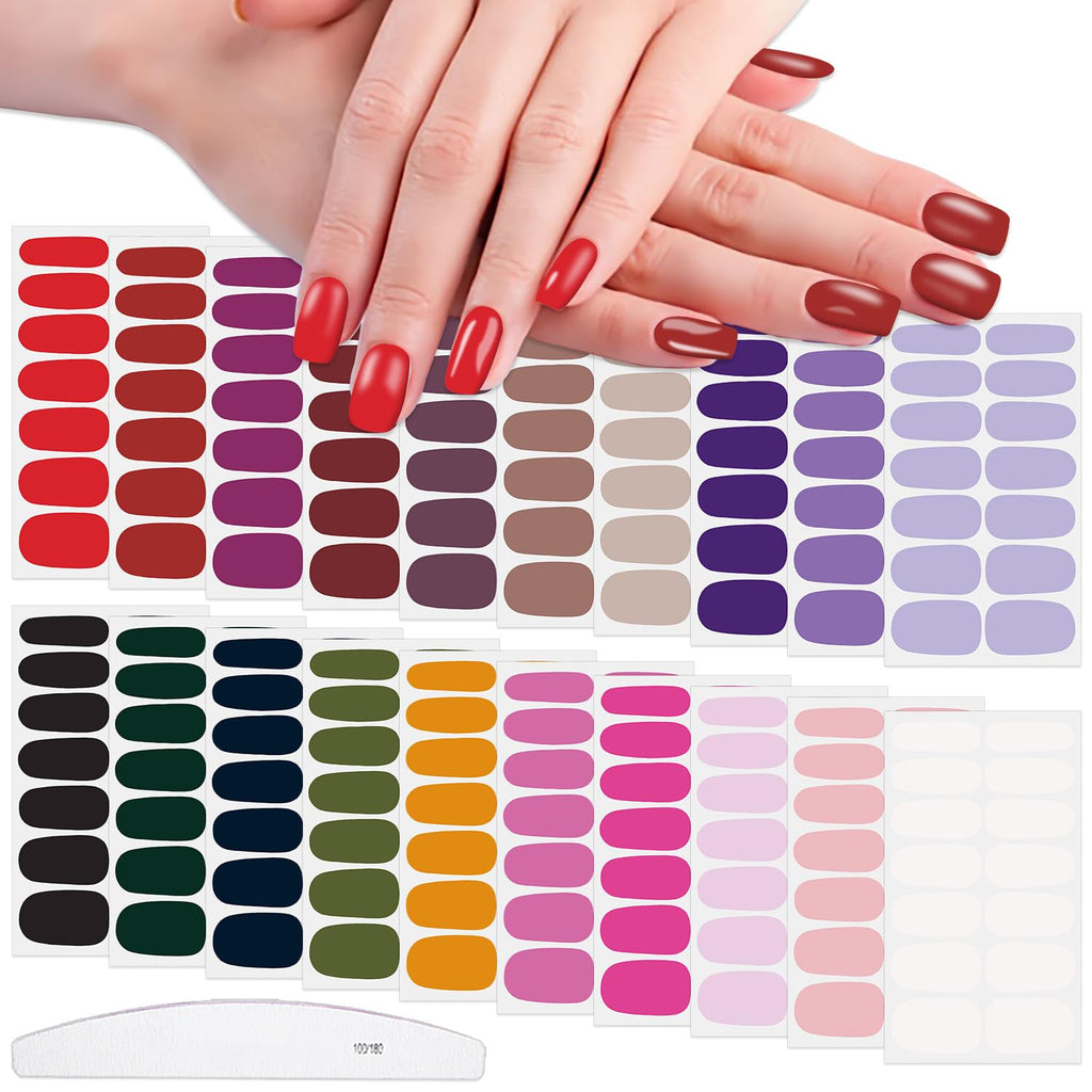 WOKOTO 20 Sheets Solid Nail Polish Strips – Mix-Color Designs, 7 Sizes, Nail File Kit