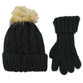 Heatwave Thermalwear Womens Black Chunky Knit Hat and Gloves Set with Faux Fur Pom Pom