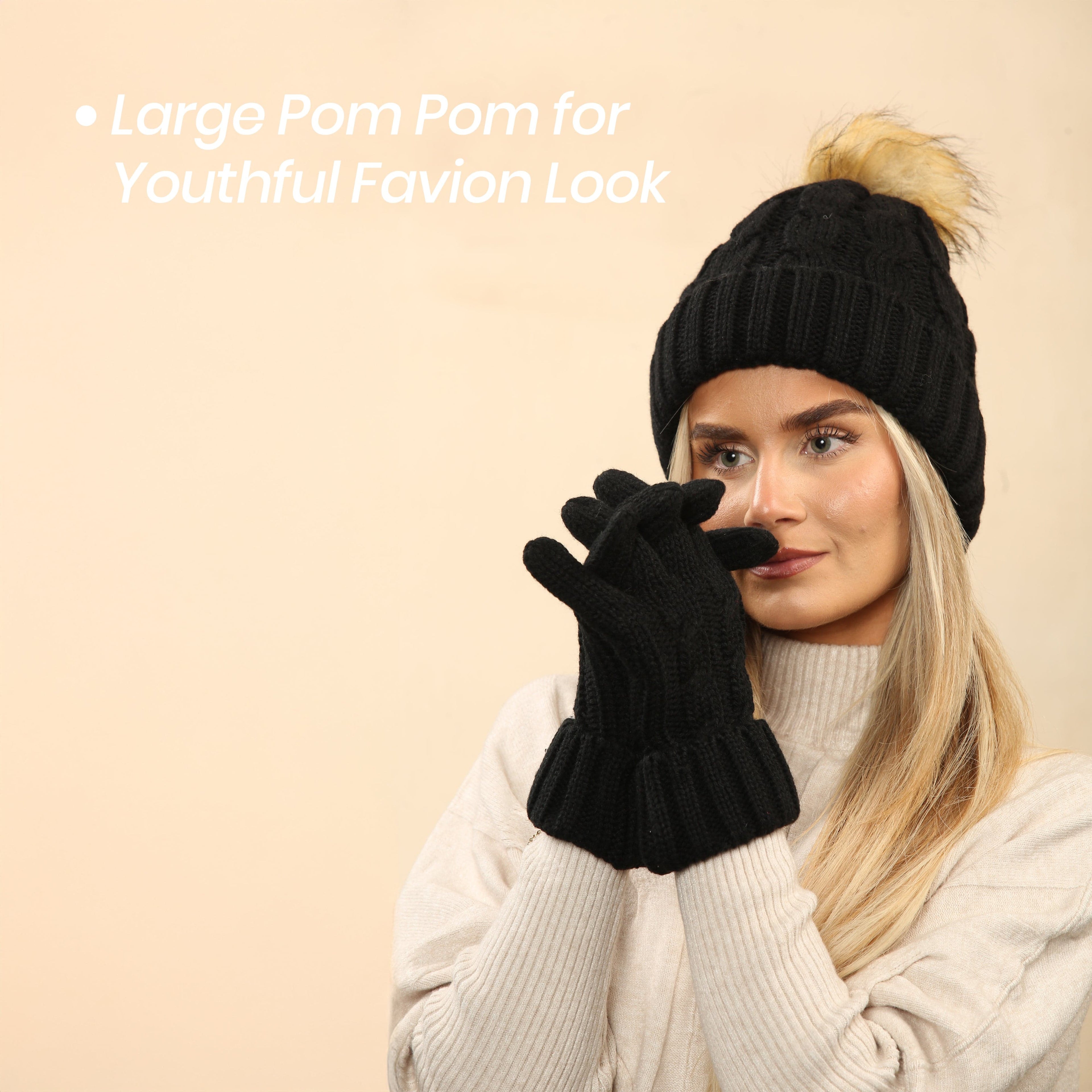 Heatwave Thermalwear Womens Black Chunky Knit Hat and Gloves Set with Faux Fur Pom Pom