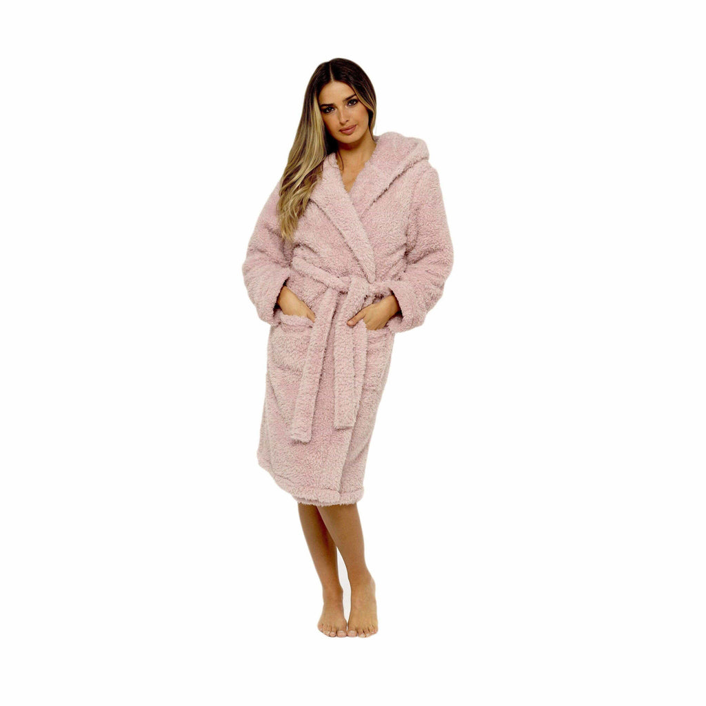 Daisy Dreamer Womens Dusky Pink Teddy Fleece Hooded Robe Bathrobe Ultra Soft Cosy Winter