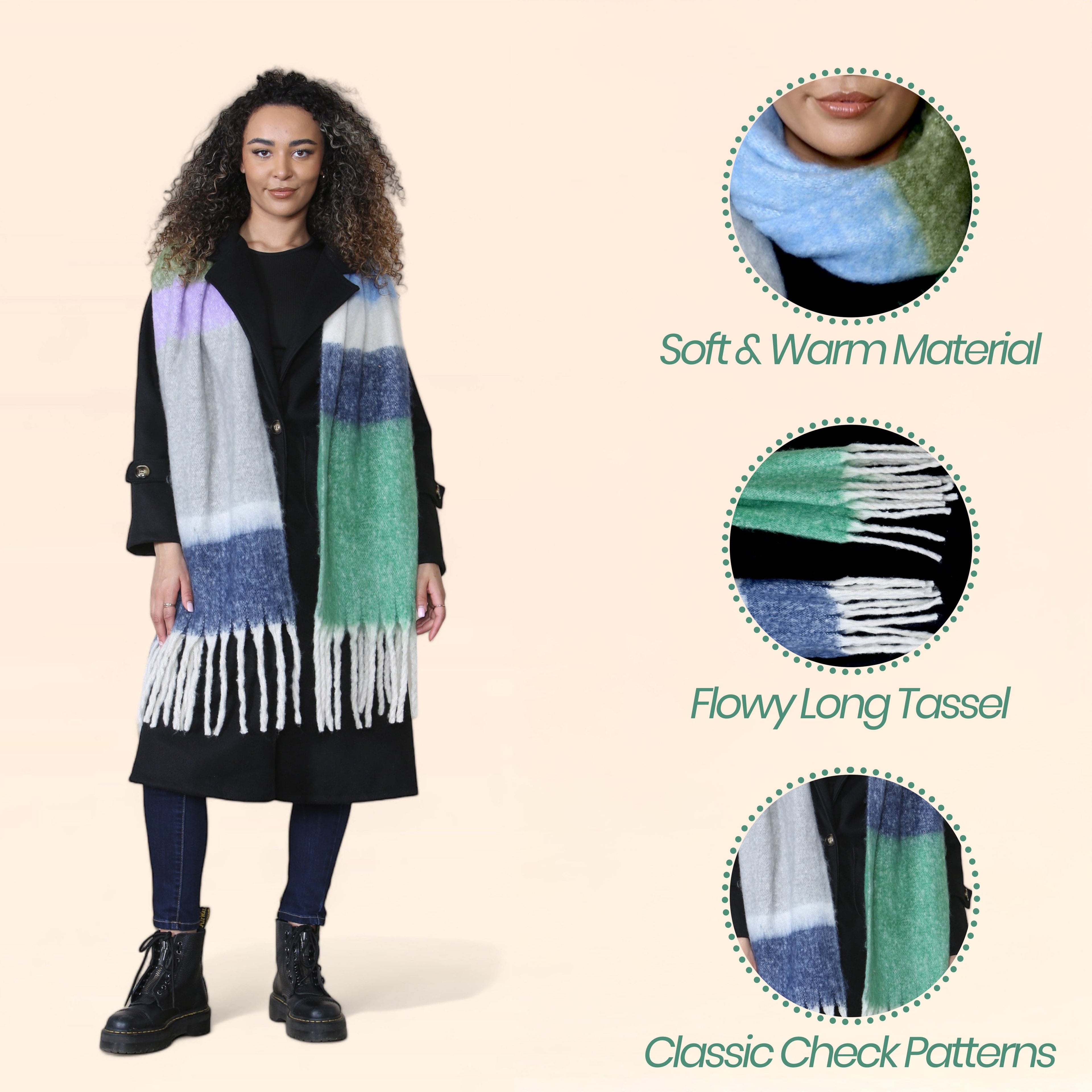 Daisy Dreamer Women's Green Blue Chunky Knit Plaid Blanket Scarf Long Winter Wrap