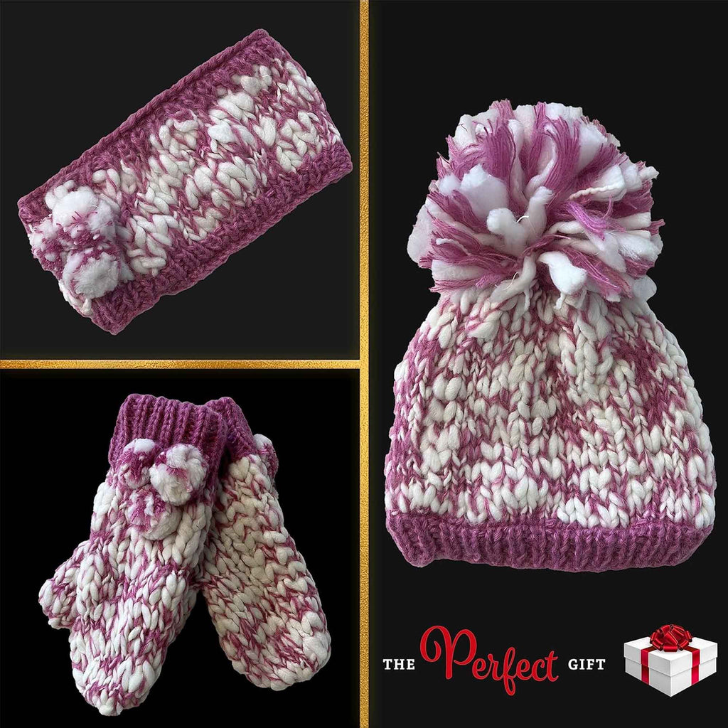 Sock Stack Women's Hand Knitted Daisy Pattern Winter Hat Headband Mittens Set In Red Breathable Cotton Rich Everyday Pack