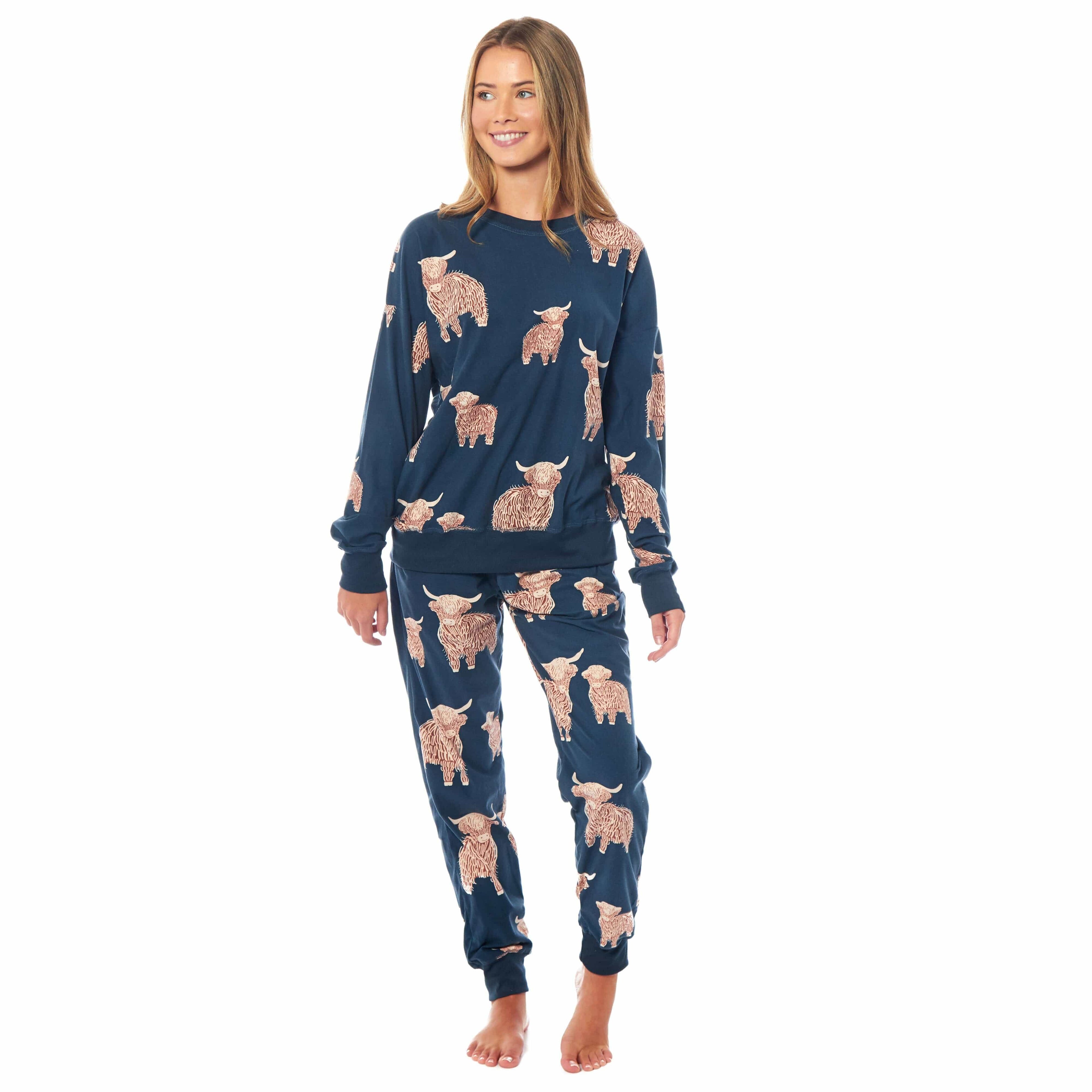 Daisy Dreamer Womens Soft Fleece Pyjama Set With Long Sleeve Highland Cow Print Sleepwear