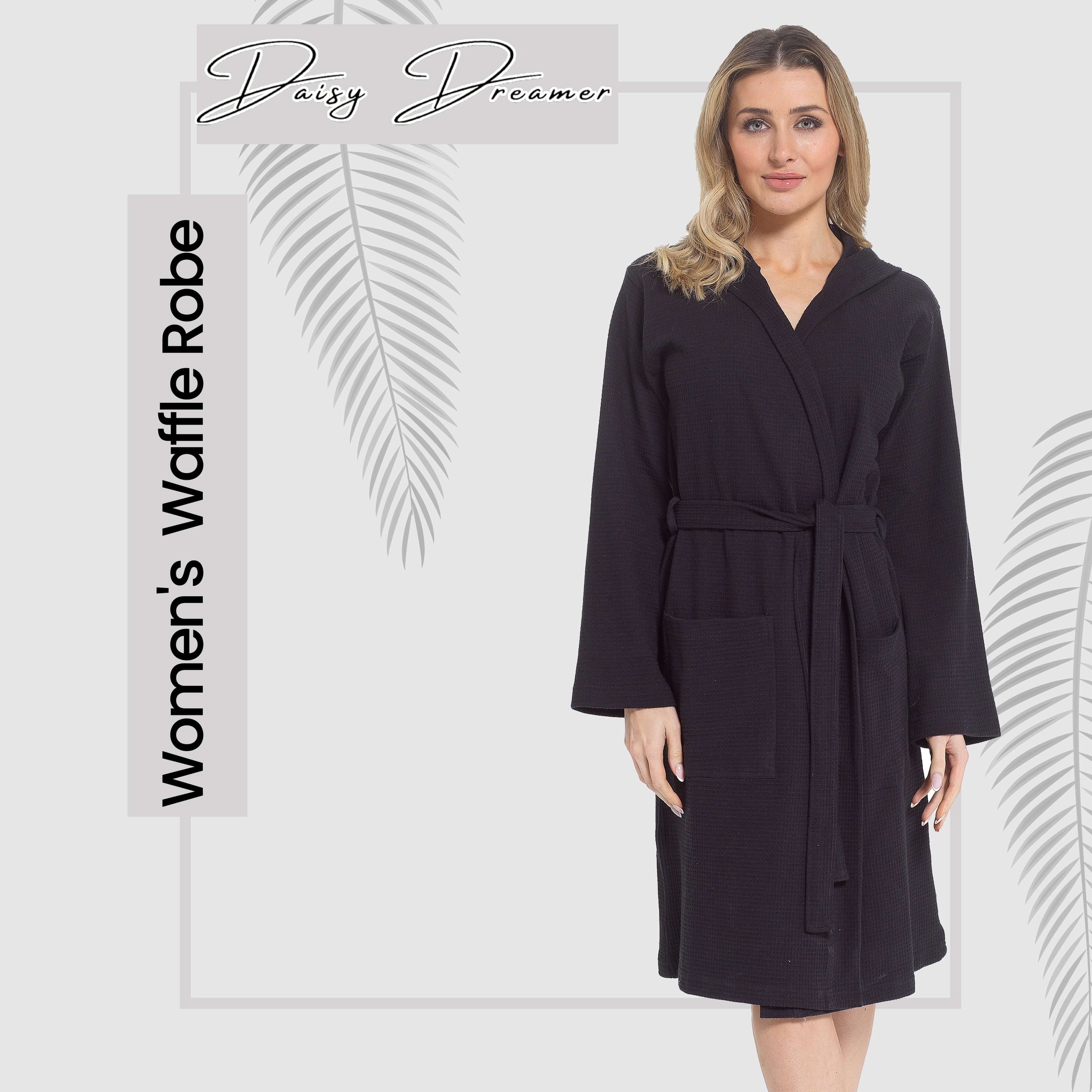 Daisy Dreamer Women's Hooded Waffle Cotton Bathrobe Black 100% Cotton Super Absorbent Spa