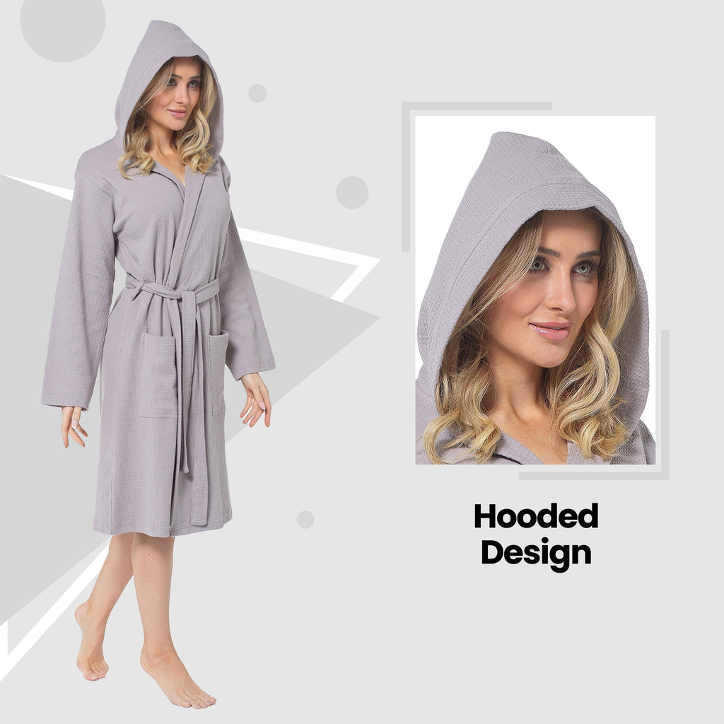 Daisy Dreamer Women's Hooded Waffle Cotton Bathrobe 100% Cotton Grey Super Absorbent
