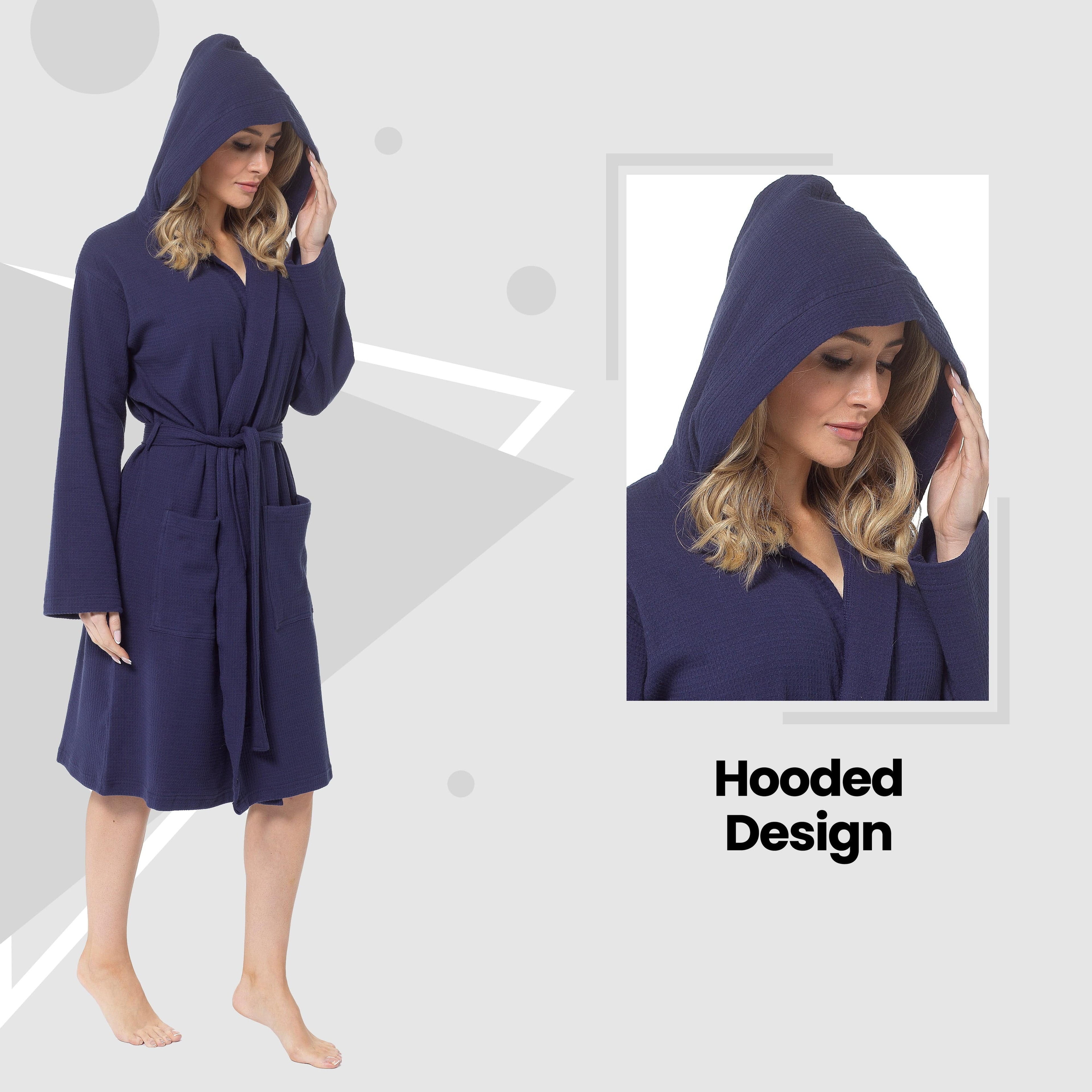 Daisy Dreamer Women's Hooded Waffle Cotton Bathrobe Navy 100% Cotton Absorbent Spa