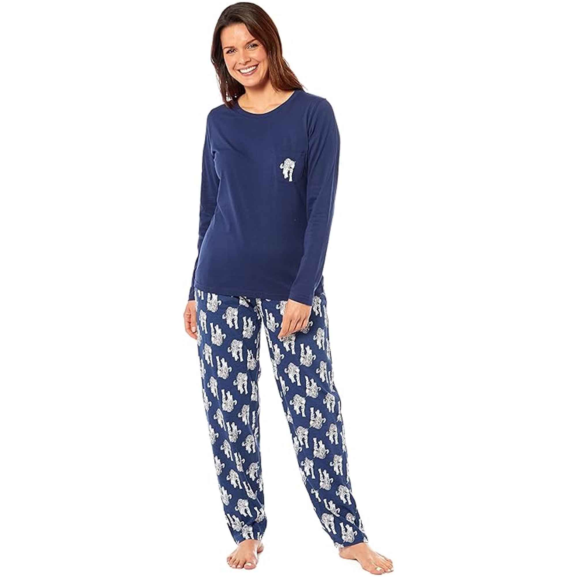 Daisy Dreamer Women's Navy Tiger Print Polar Fleece Pyjama Set Cosy Winter Cotton Rich Cosy Night Set
