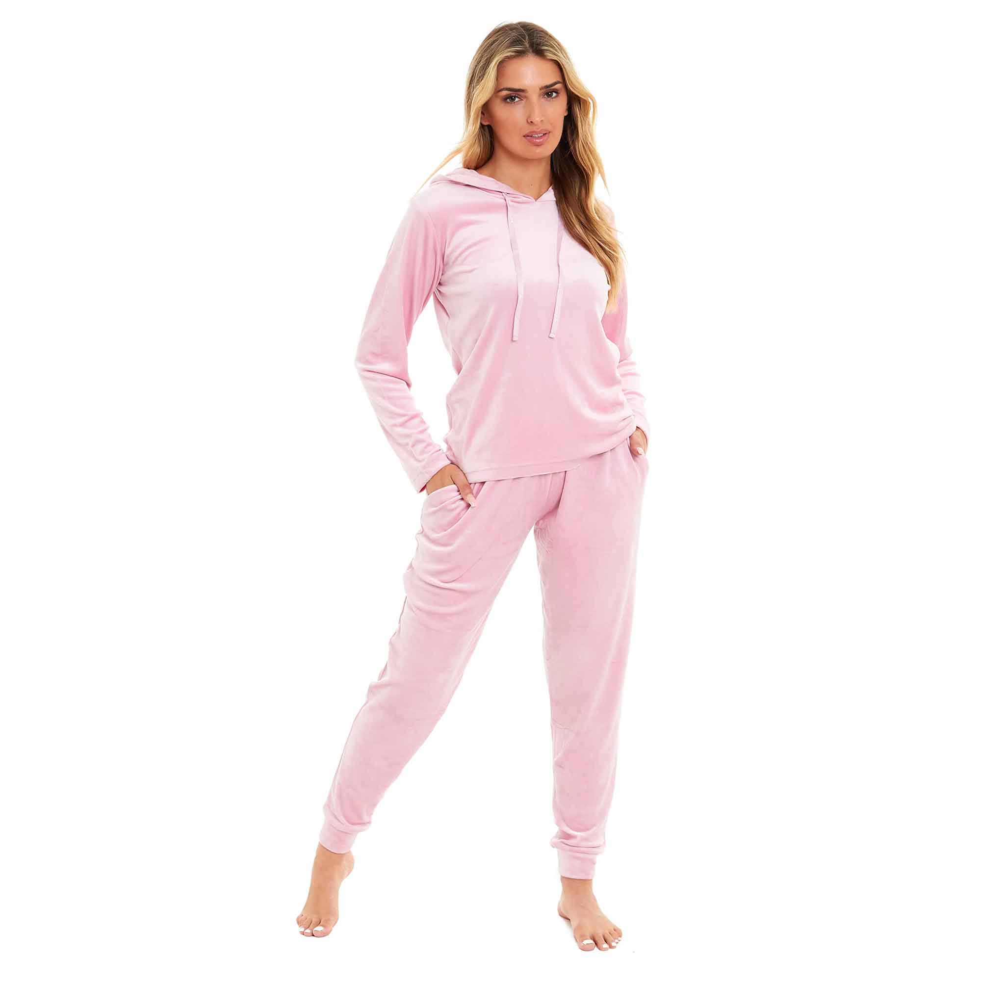 Daisy Dreamer Women's Velour Hooded Pyjama Set Pink Grey Super Soft Fleece Loungewear