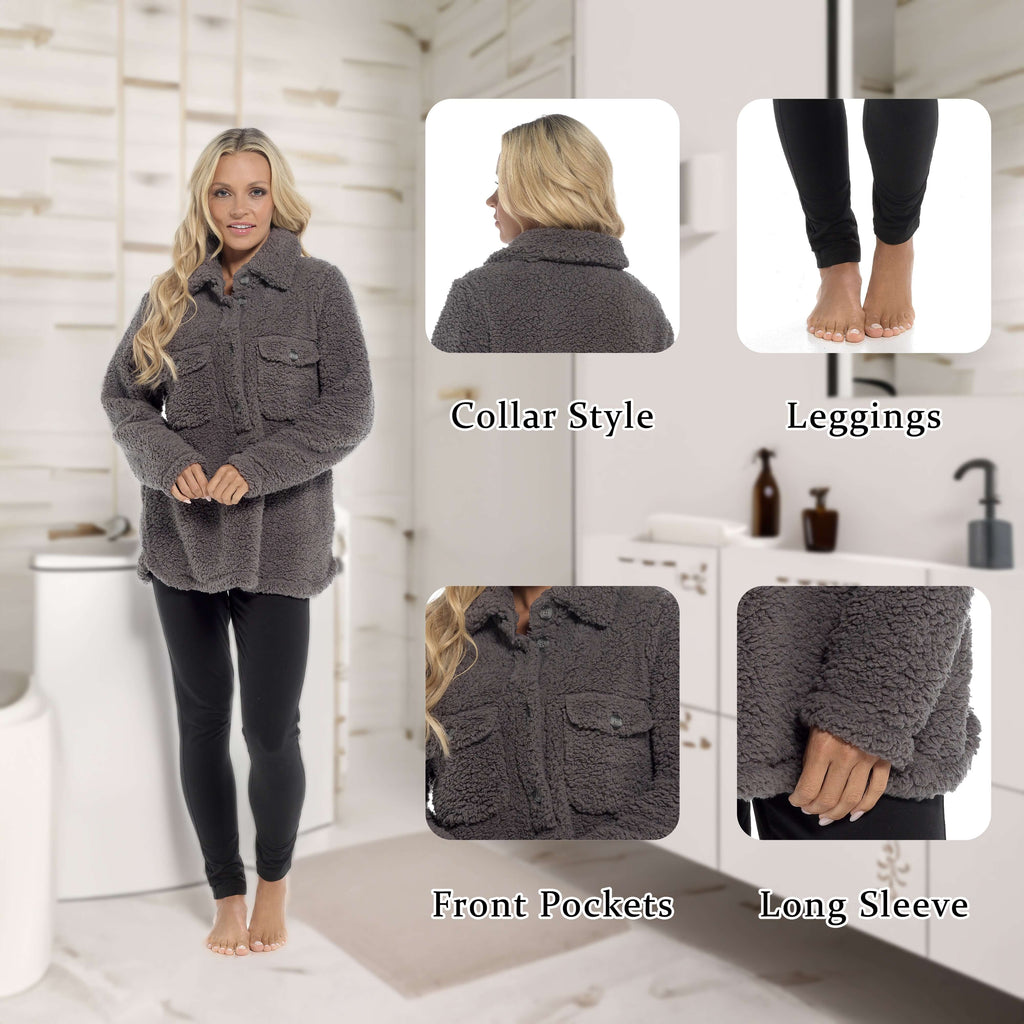 Daisy Dreamer Women's Sherpa Lounge Set With Double Pocket Top And Leggings Ultra-Soft