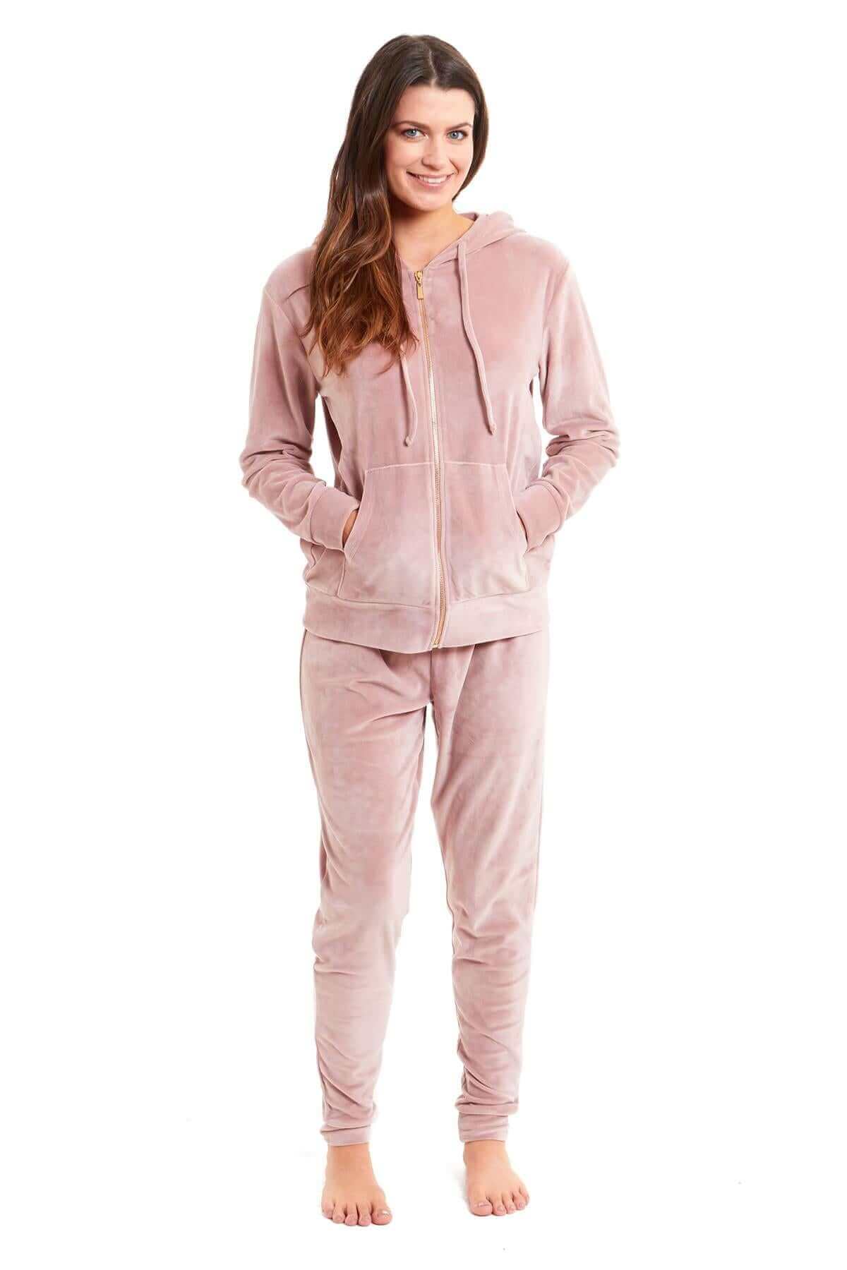 Daisy Dreamer Women's Velour Fleece Hooded Zip Track Suit Velvet Loungewear Set Elastic