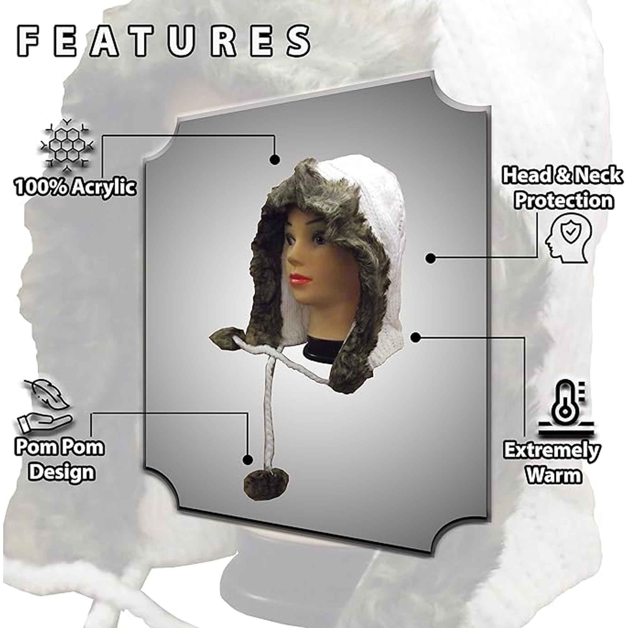 Sock Stack Women's Winter Chunky Knit Hood Hat With Faux Fur Trim And Pom Poms Comfort Cuff Everyday Wear