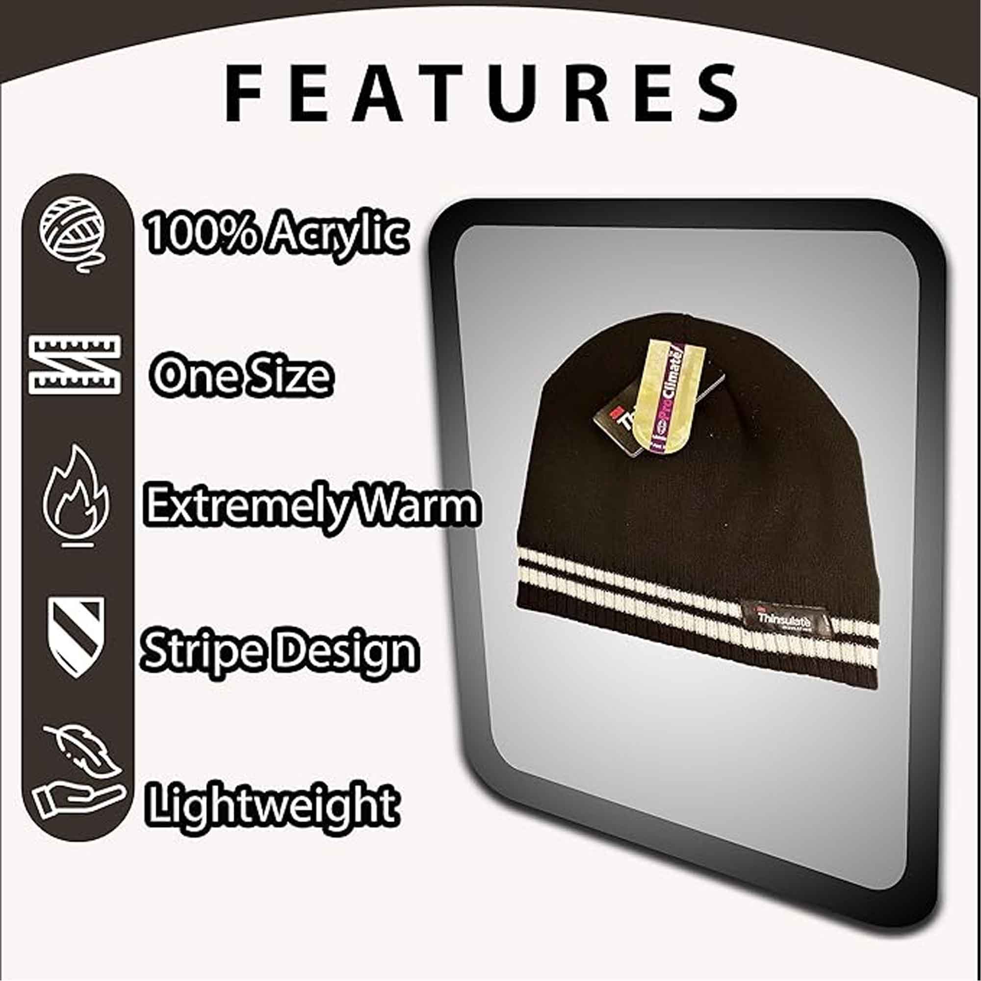 Sock Stack Womens Thermal Beanie Hat With 3M Thinsulate Insulation Stripe Design Acrylic Winter Warm Brushed Base Layer