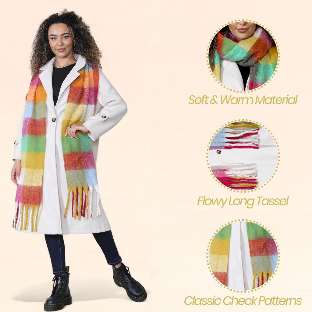 Daisy Dreamer Women’s Blanket Scarf Yellow Burgundy Chunky Knit Plaid Long Winter Wrap