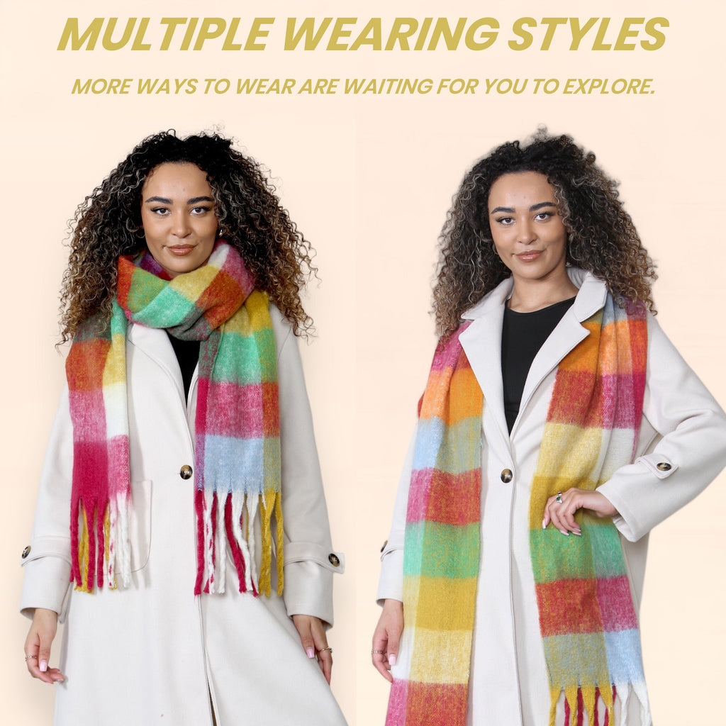 Daisy Dreamer Women’s Blanket Scarf Yellow Burgundy Chunky Knit Plaid Long Winter Wrap