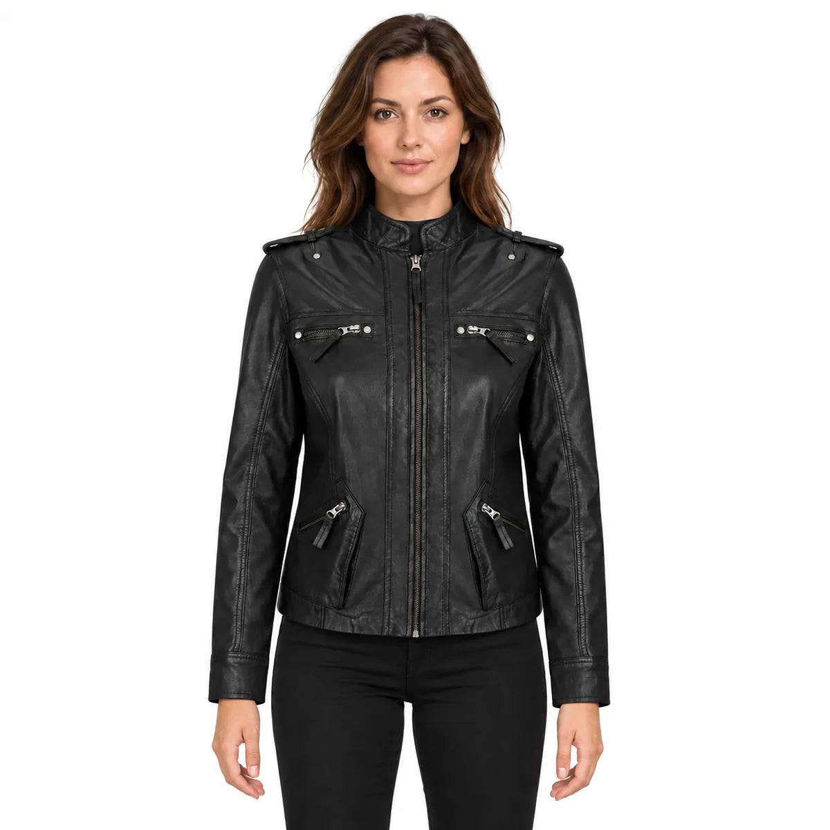 Women's Black Leather Moto Jacket