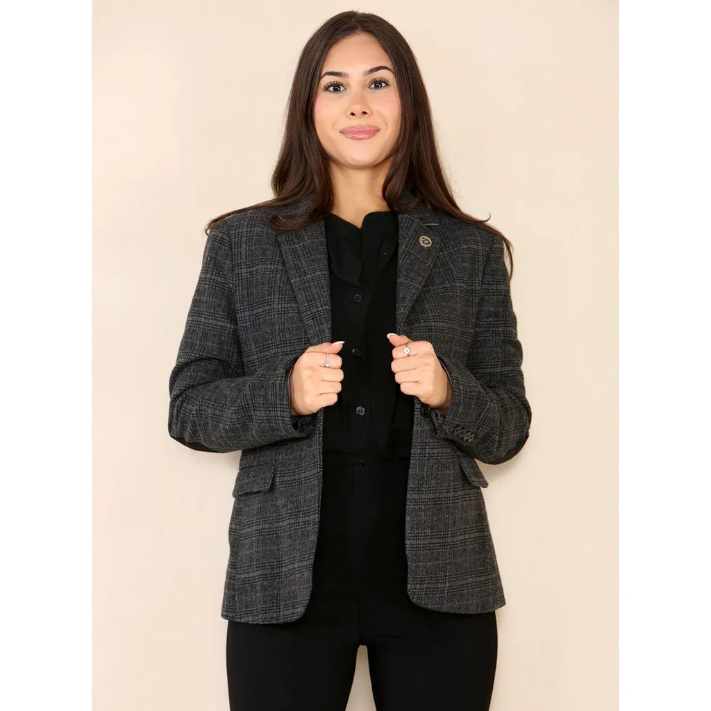 Women's Tweed Check Waistcoat Blazer Grey Suit