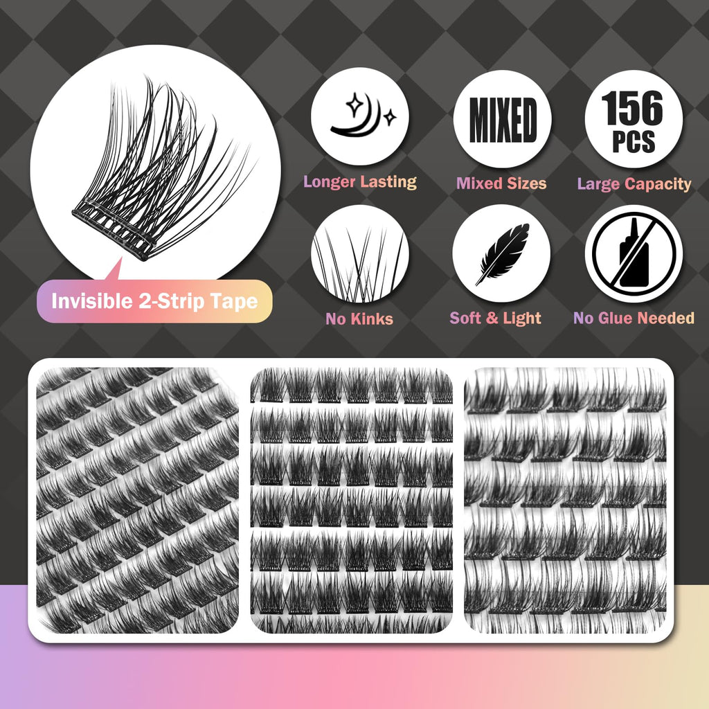 WONSIS Self Adhesive Eyelashes – 156-Cluster Mix, No Glue Needed, Invisible 2-Strip Tape