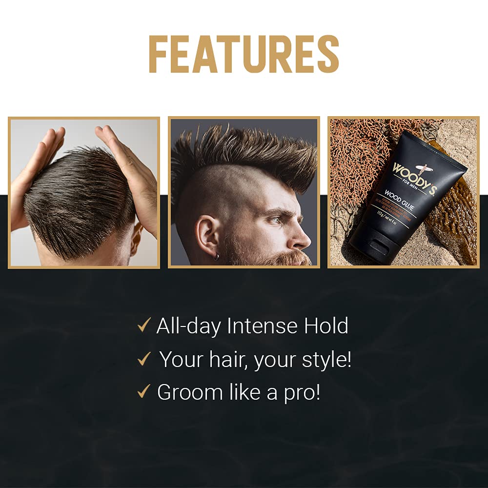Woody's Wood Glue Extreme Styling Gel for Men – Extreme Hold, No Flake, Quick-Drying, All Hair Types (4 oz)