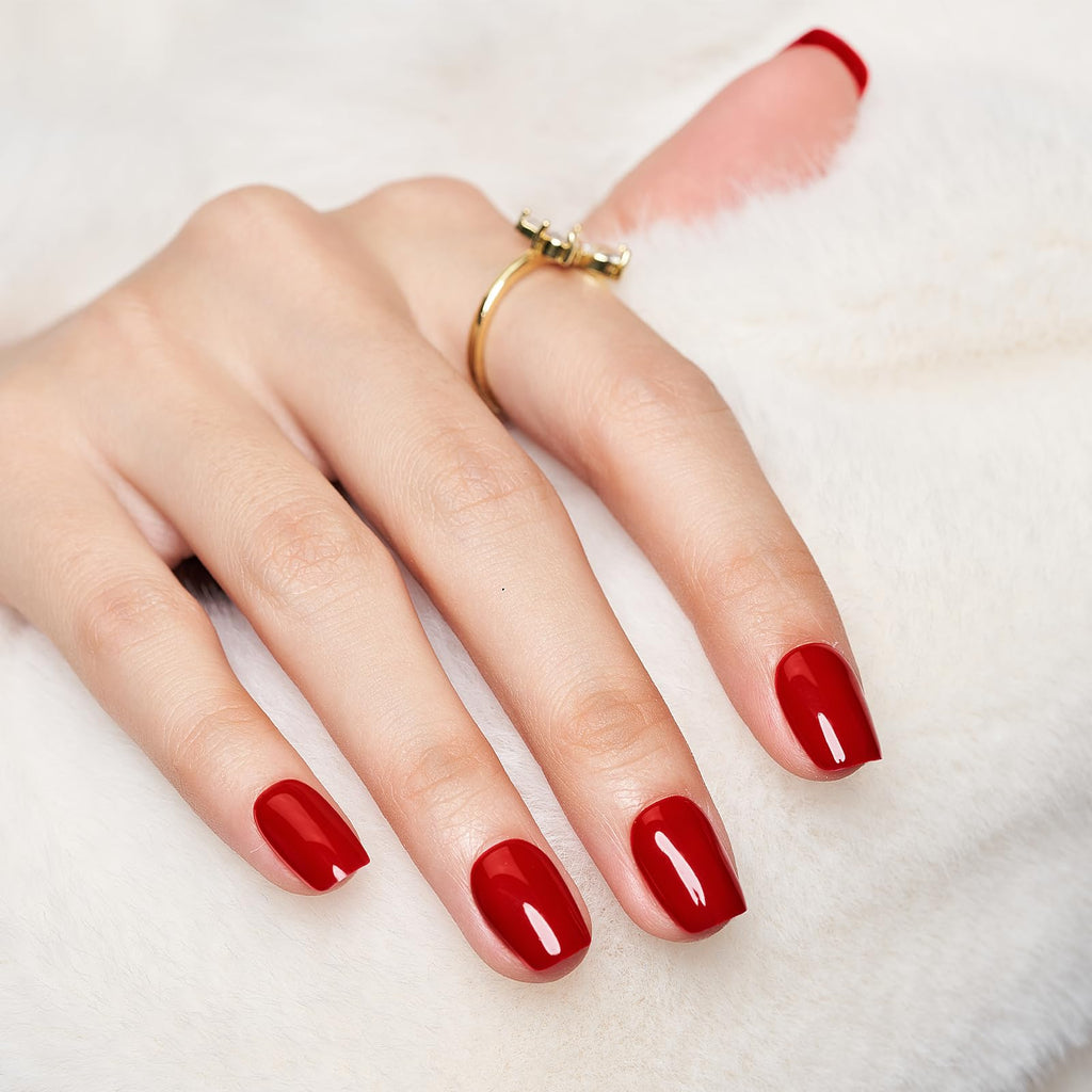 Wooyas Press On Nails Short – Classic Red Gel Nails, 24 Pcs, 12 Sizes, Reusable