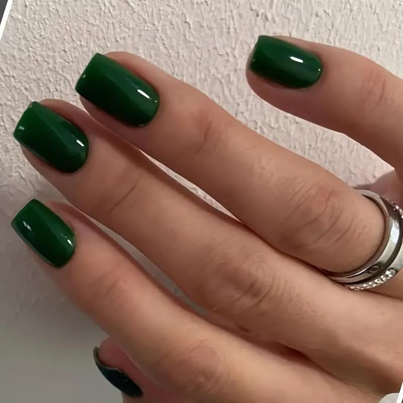 WOOYAS Handmade Green Square Press-On Nails – 24Pcs Gel Kit with Glue & Tools