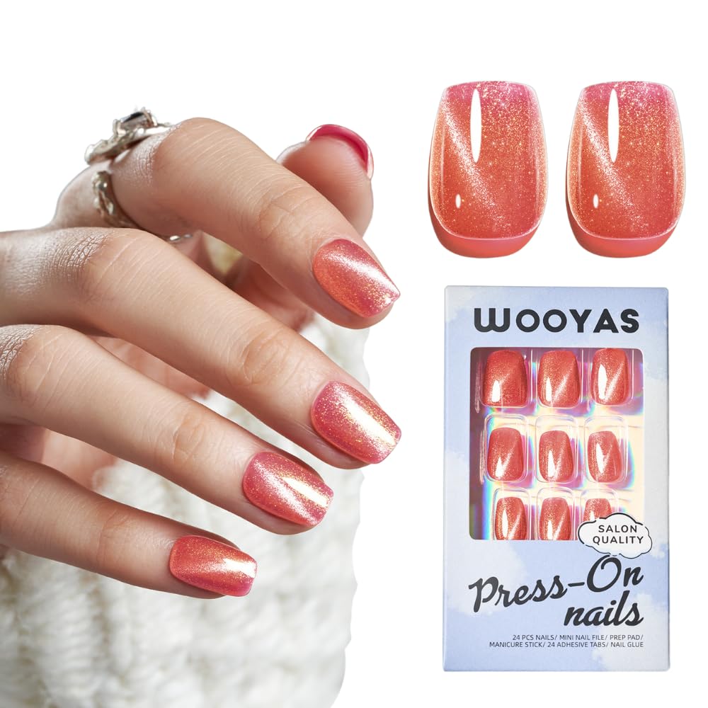Wooyas Cat Eye Press-On Nails – Watermelon Pink, Short Square, 24-Piece Kit