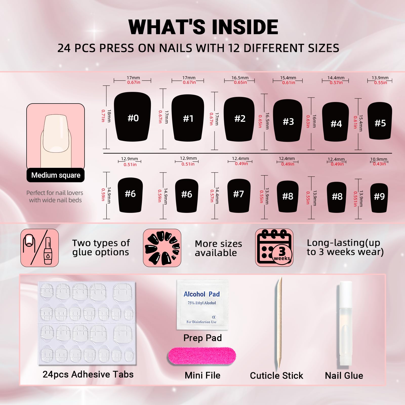 Wooyas Press On Nails Short Square – Cement Gray Soft Gel Kit, 24 Pcs, 12 Sizes, Glue Included