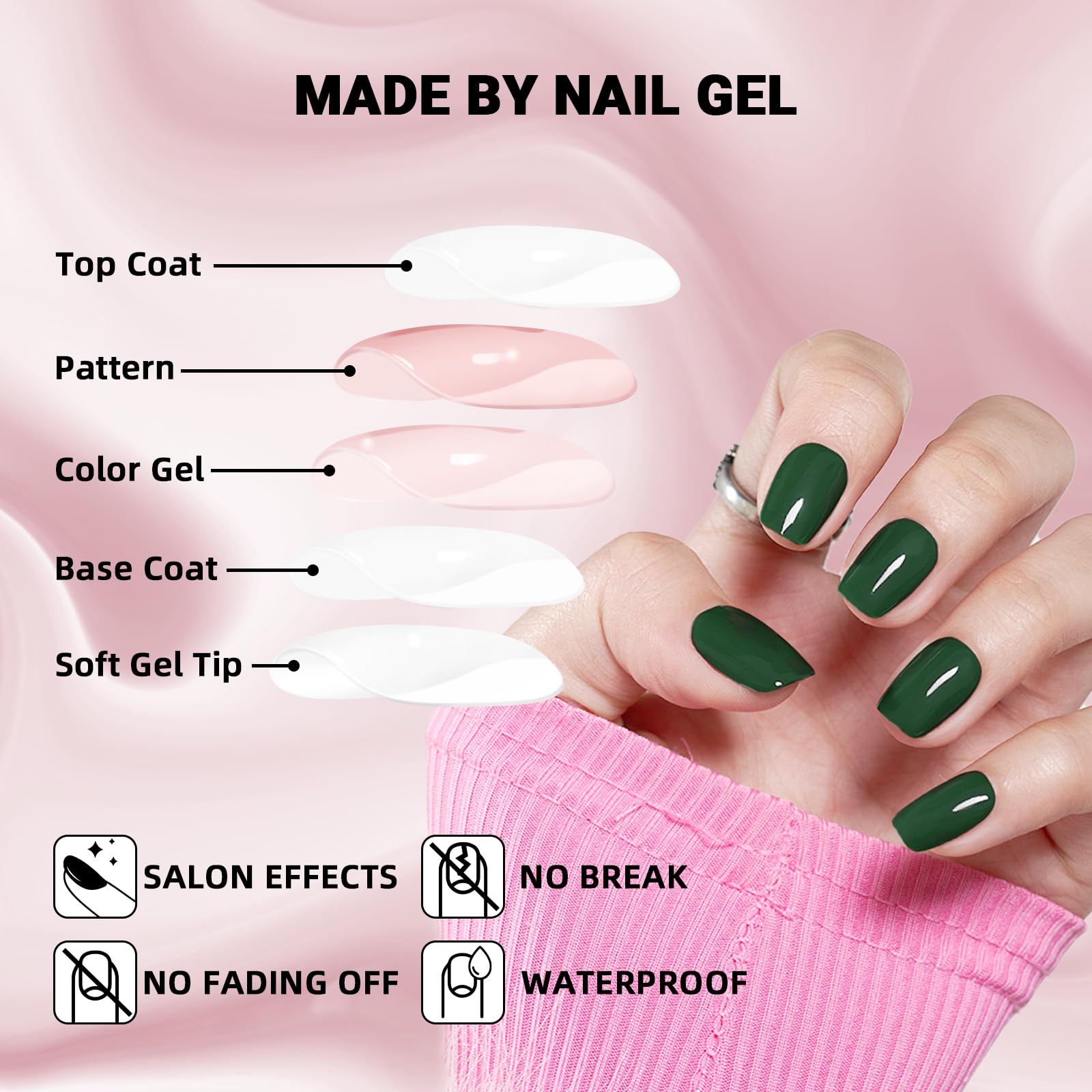 WOOYAS Handmade Green Square Press-On Nails – 24Pcs Gel Kit with Glue & Tools