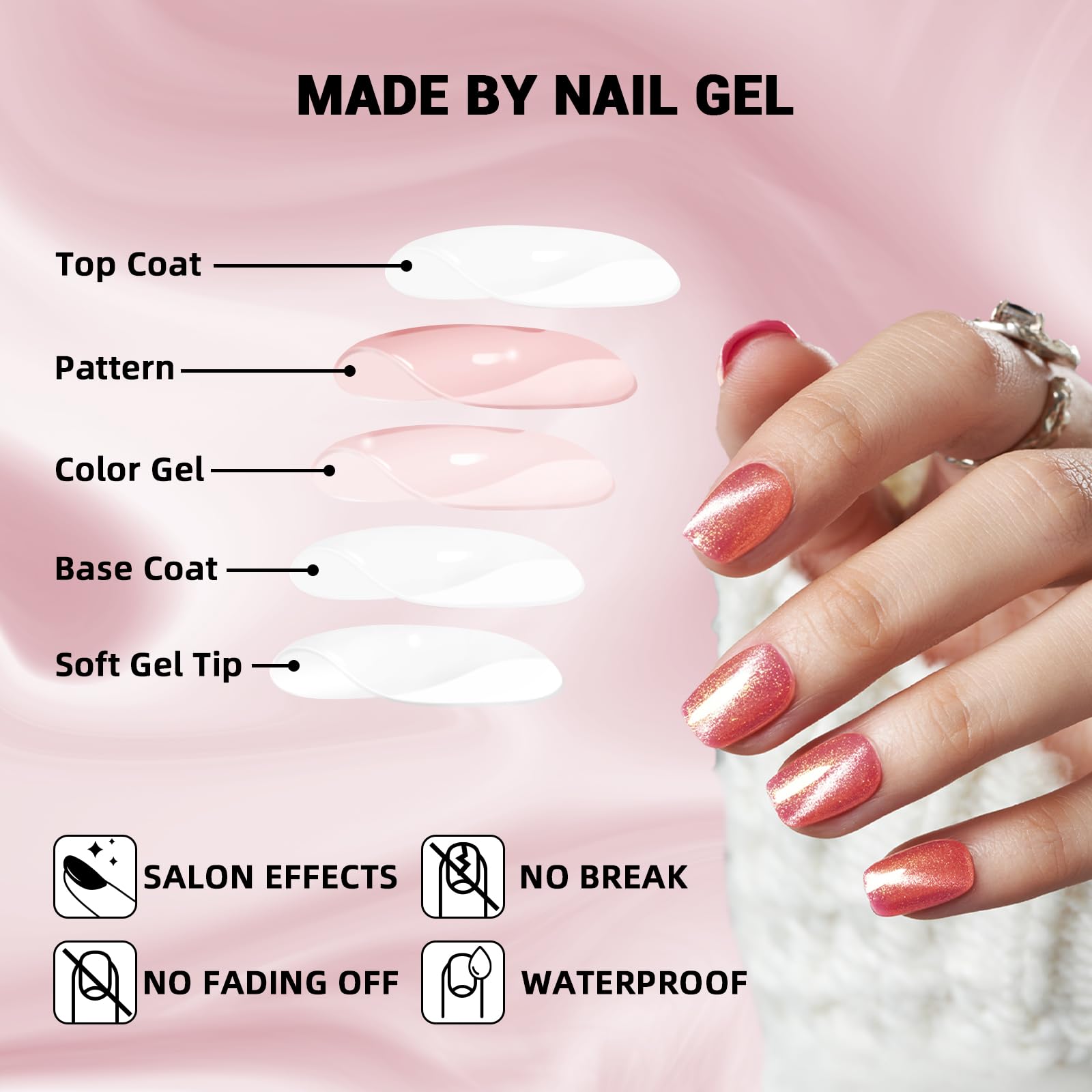 Wooyas Cat Eye Press-On Nails – Watermelon Pink, Short Square, 24-Piece Kit