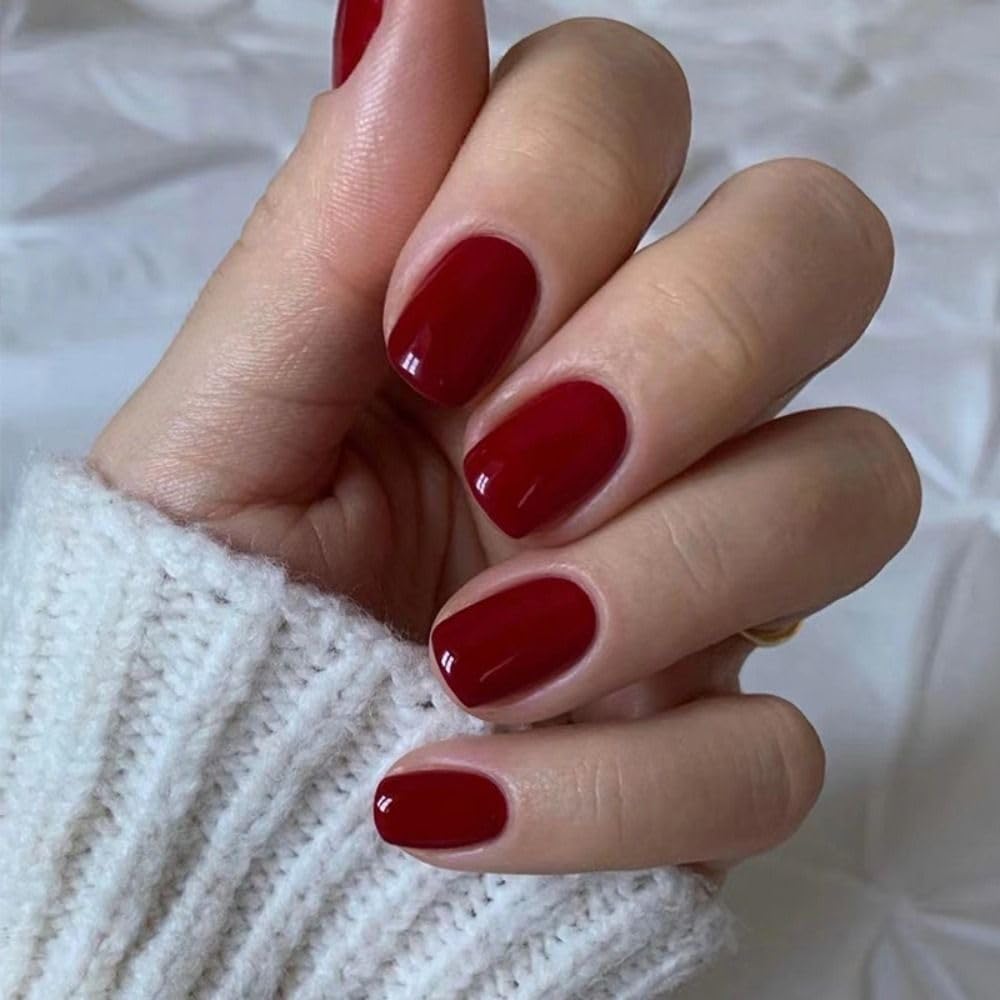 Wooyas Press On Nails Short – Classic Red Gel Nails, 24 Pcs, 12 Sizes, Reusable