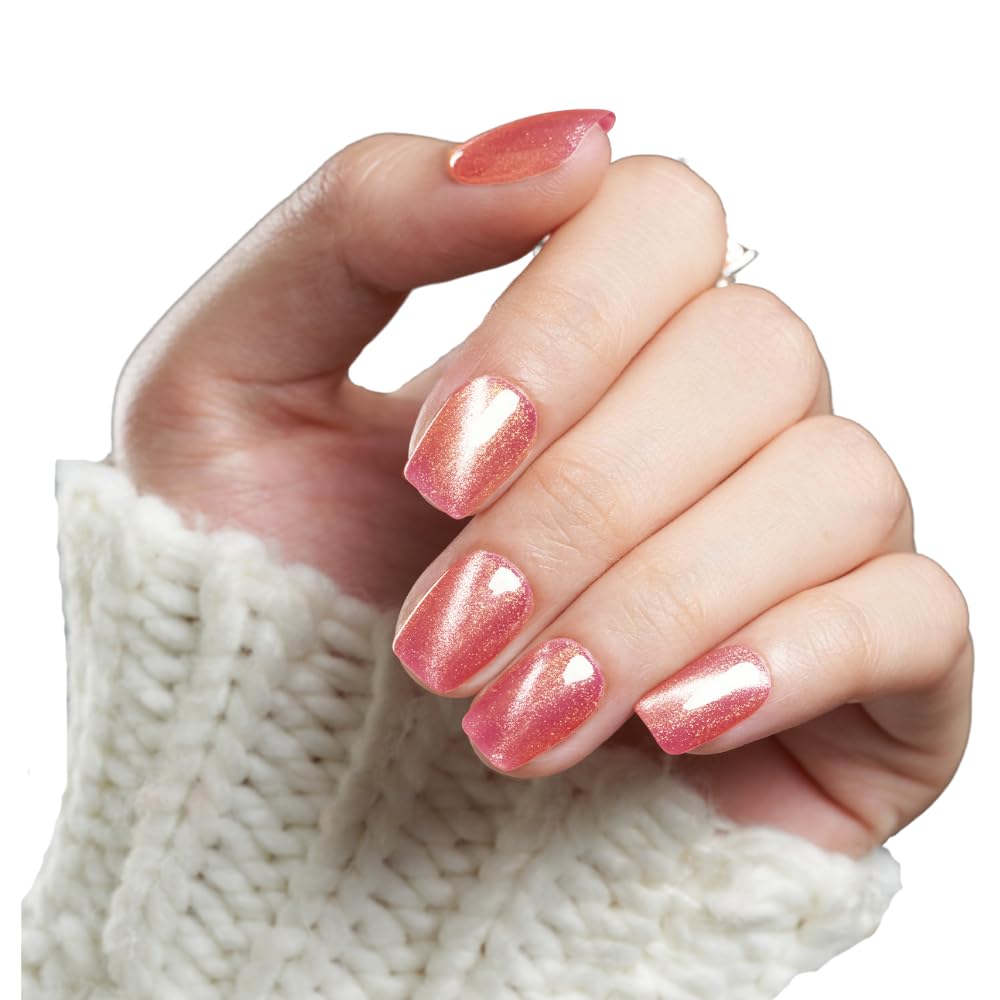 Wooyas Cat Eye Press-On Nails – Watermelon Pink, Short Square, 24-Piece Kit