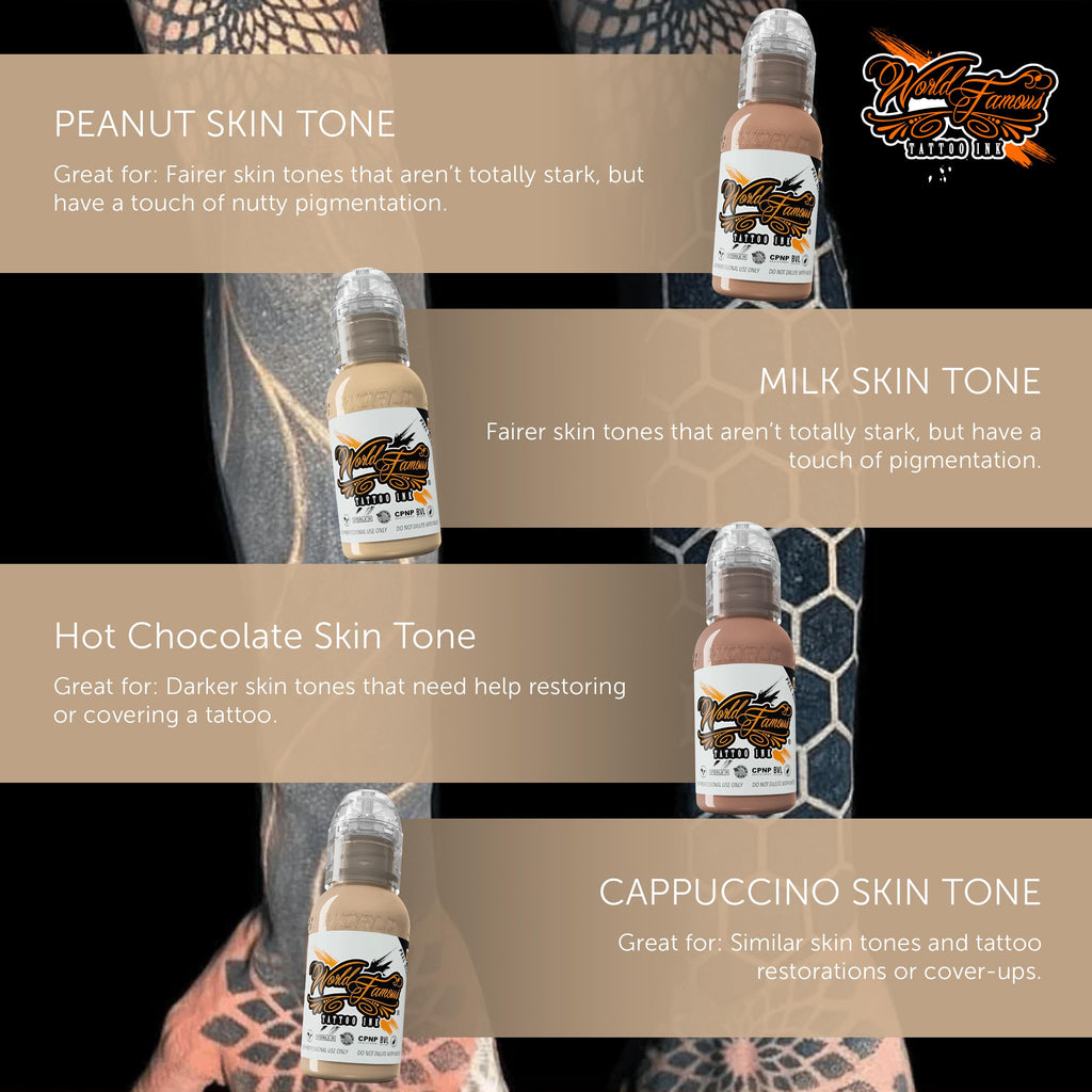 World Famous Tattoo Ink Skintone 4-Count Set – 4 x 1oz Skin Tones for Cover-Ups