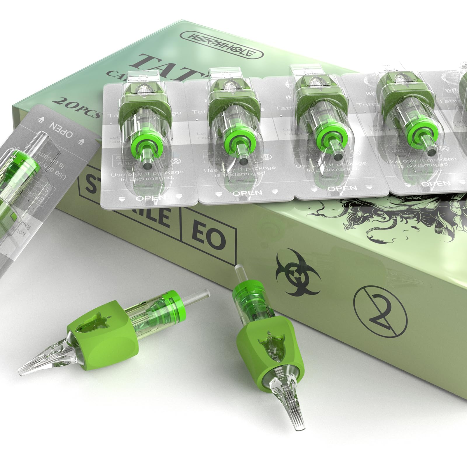 Wormhole Tattoo Cartridge Needles 1215RM – 20Pcs Disposable Finger Ledge Cartridges, 3.5mm Taper for Tattoo Gun