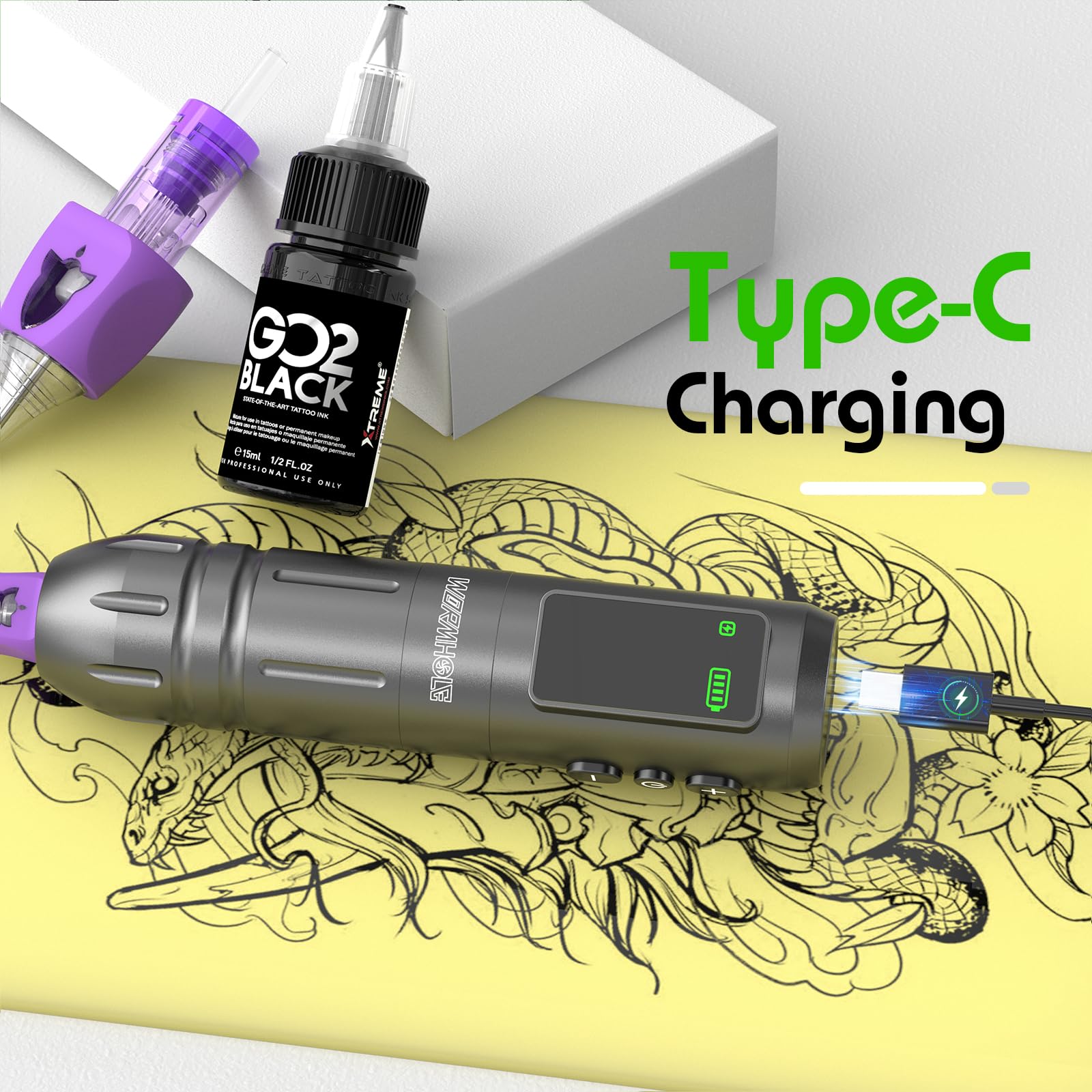 Wormhole Tattoo Gun Kit: Wireless 1600mAh Battery, 20 Needles, Xtreme Ink, Smart Pen