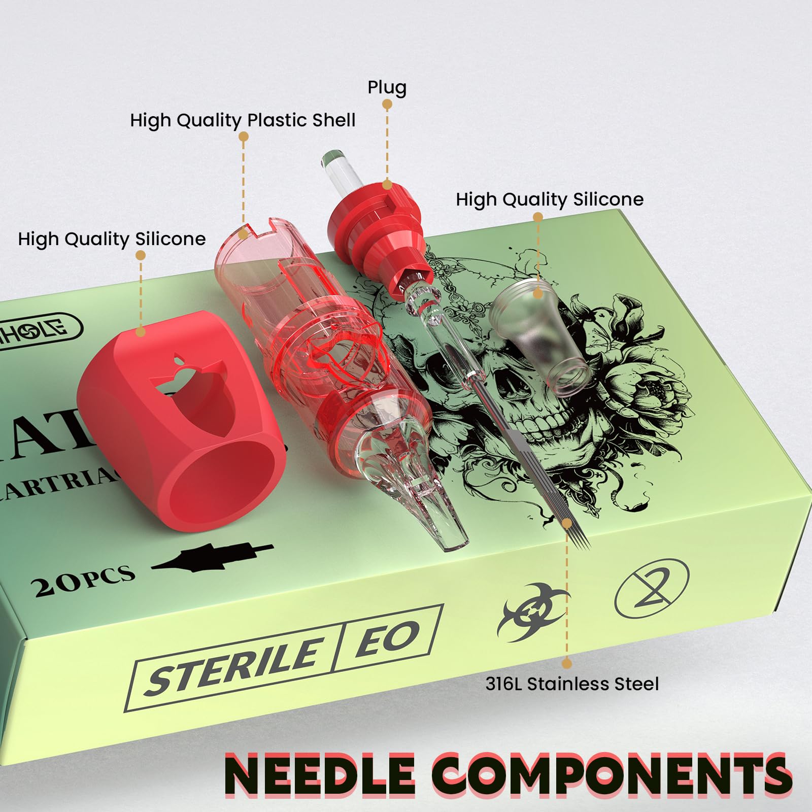Wormhole Tattoo 1223M1 Cartridge Needles – 20 Pcs #12 Bugpin Magnum, Finger Ledge, 3.5mm Taper