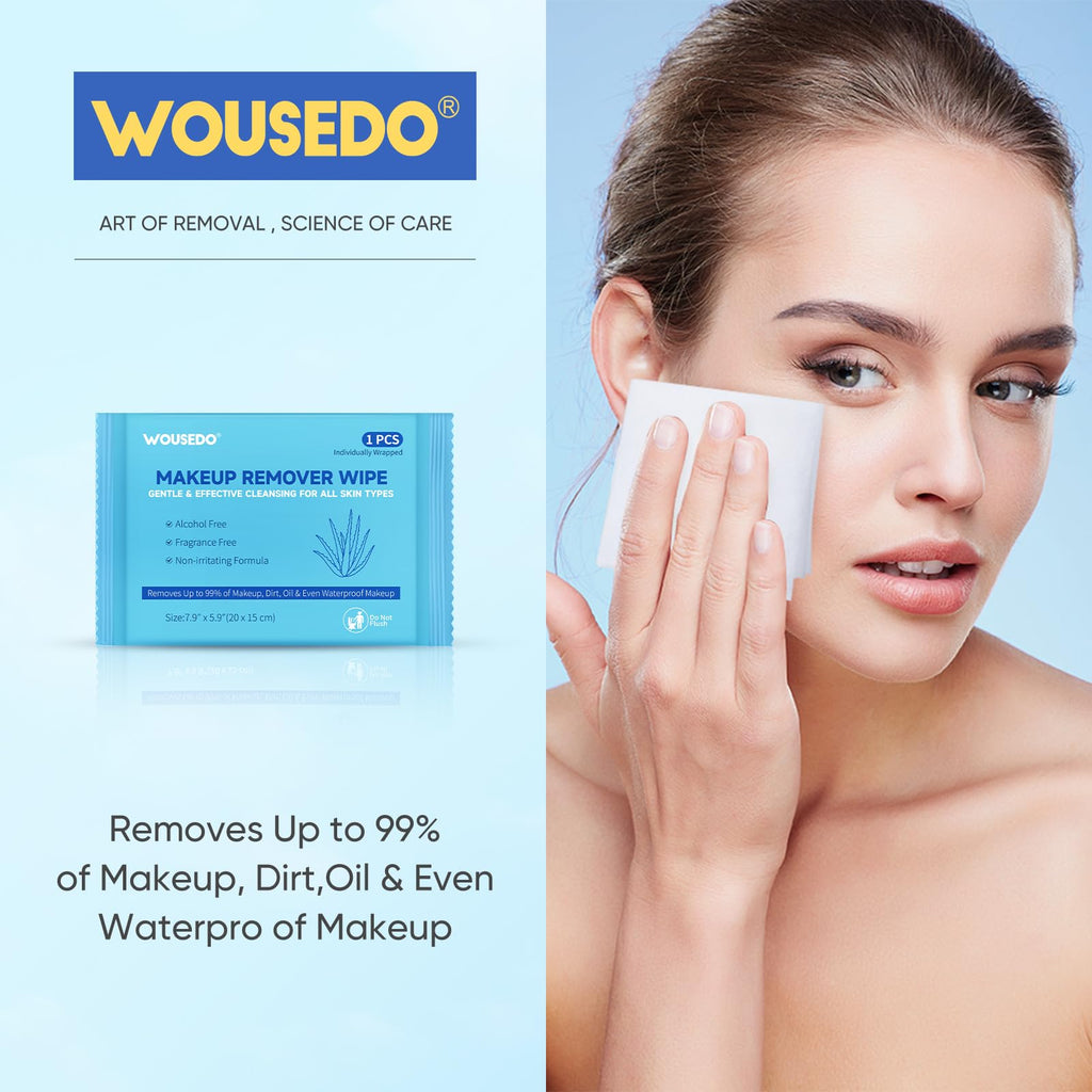 WOUSEDO 100 Count Makeup Remover Wipes | Alcohol-Free, Hypoallergenic Facial Towelettes, Individually Wrapped Bulk Pack