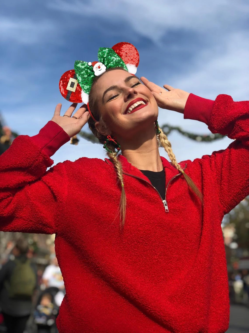 WOVOWOVO Christmas Mouse Ears Headbands for Women – Red Sequin Bow & White Snowflake (2 Pack)