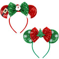 WOVOWOVO Christmas Mouse Ears Headbands for Women – Red Sequin Bow & White Snowflake (2 Pack)