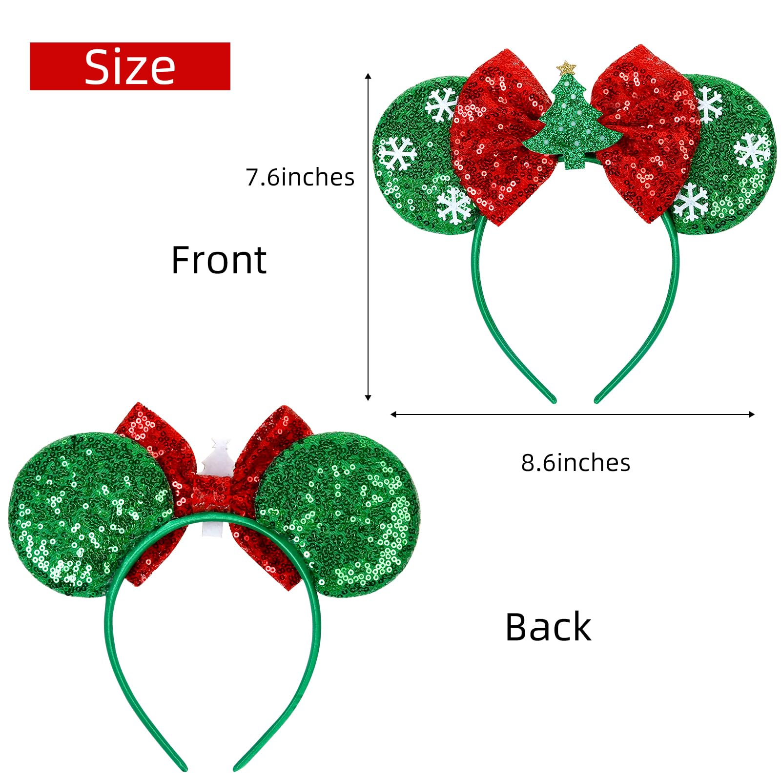 WOVOWOVO Christmas Mouse Ears Headbands for Women – Red Sequin Bow & White Snowflake (2 Pack)