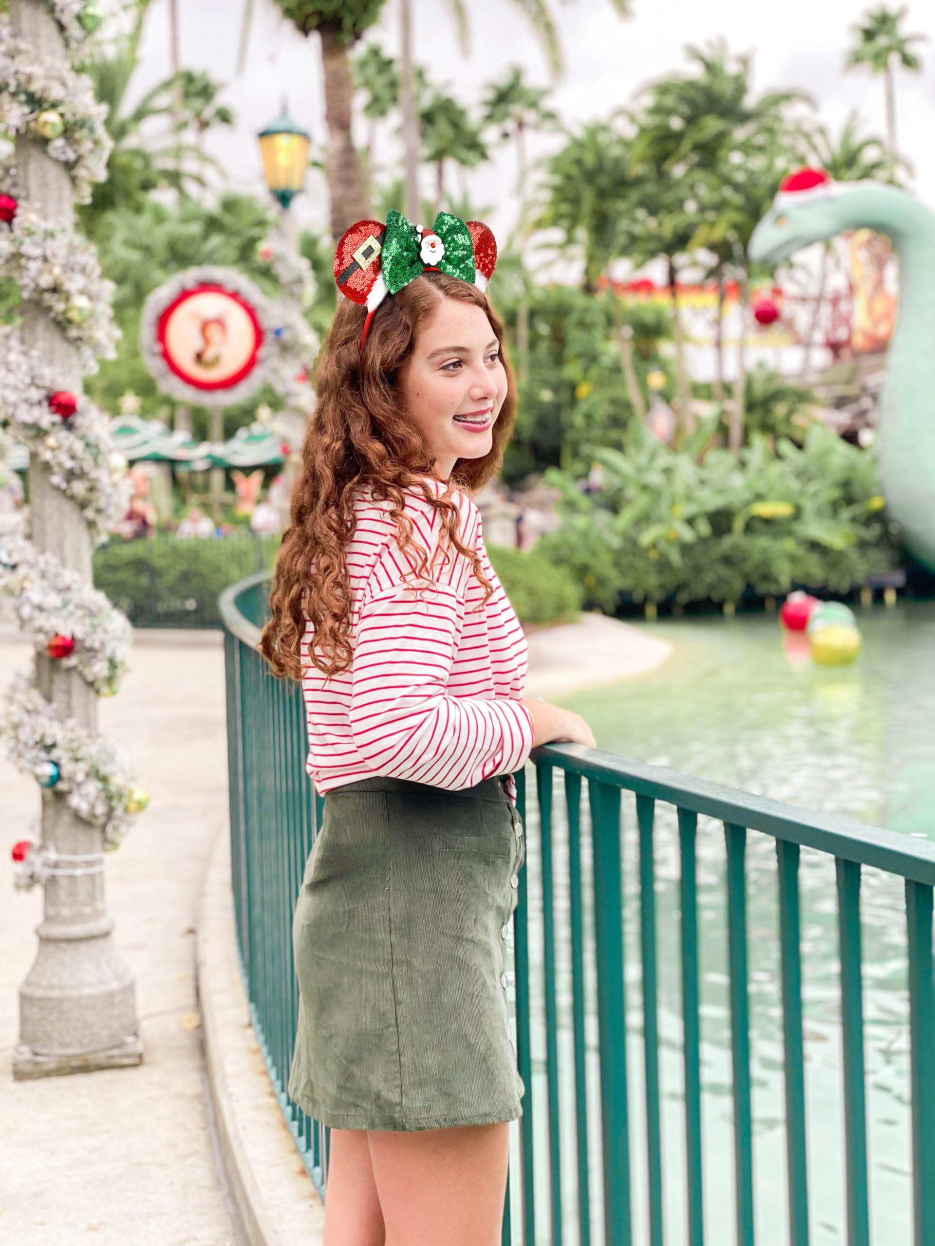 WOVOWOVO Christmas Mouse Ears Headbands for Women – Red Sequin Bow & White Snowflake (2 Pack)