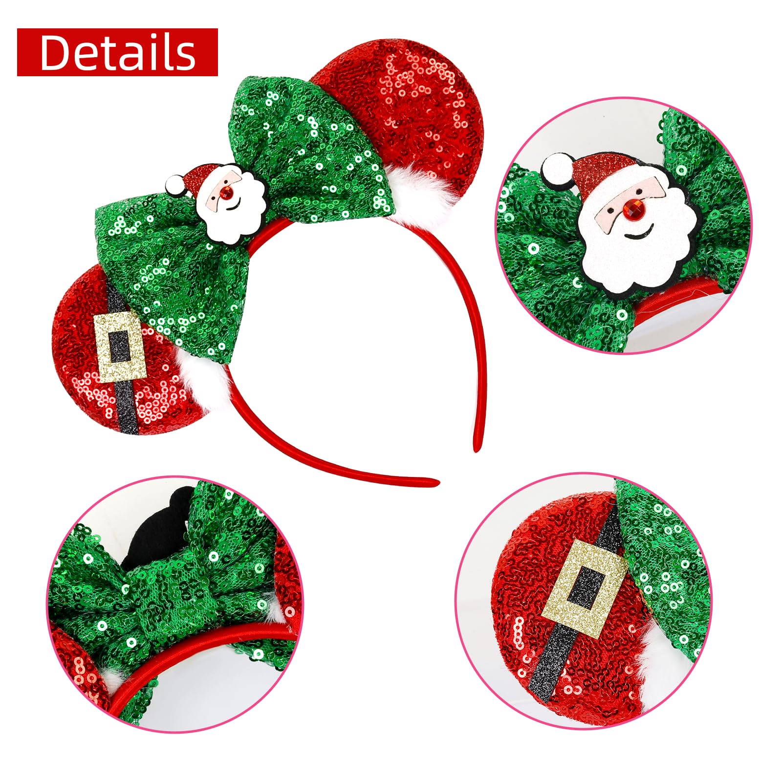 WOVOWOVO Christmas Mouse Ears Headbands for Women – Red Sequin Bow & White Snowflake (2 Pack)
