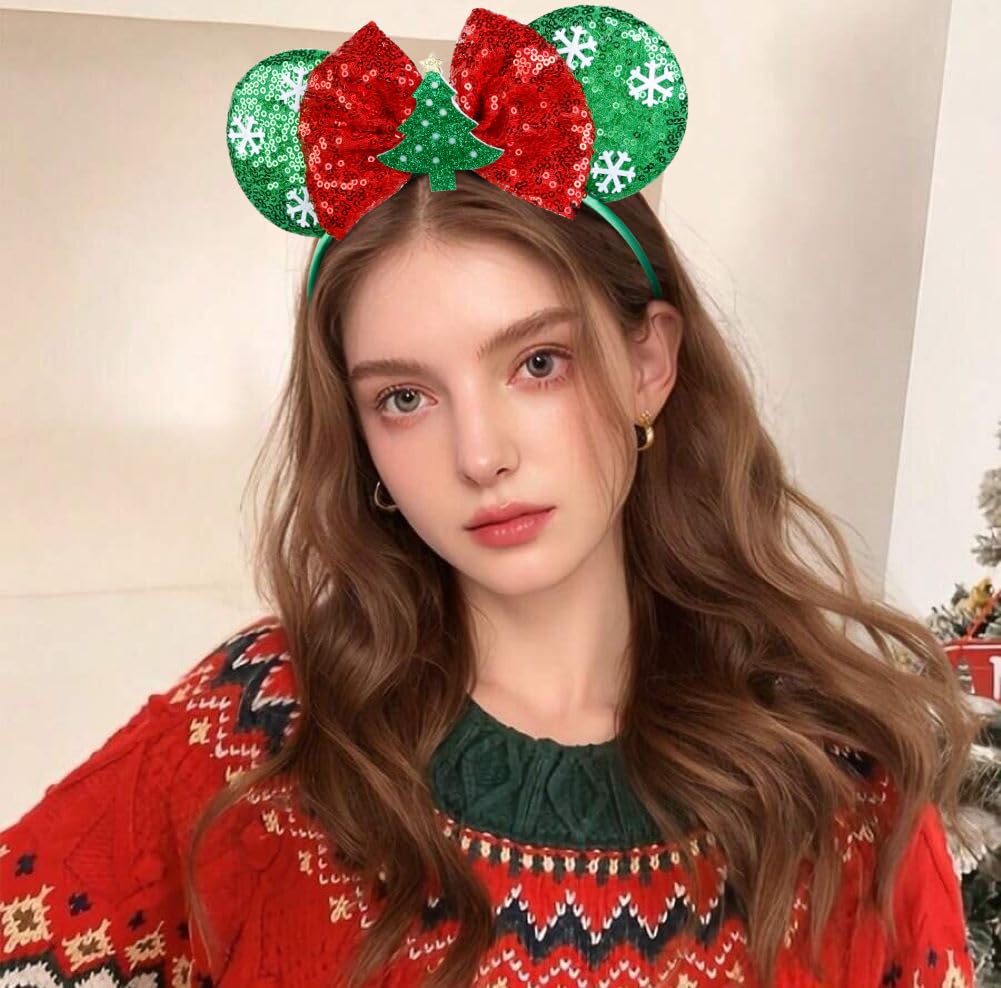 WOVOWOVO Christmas Mouse Ears Headbands for Women – Red Sequin Bow & White Snowflake (2 Pack)
