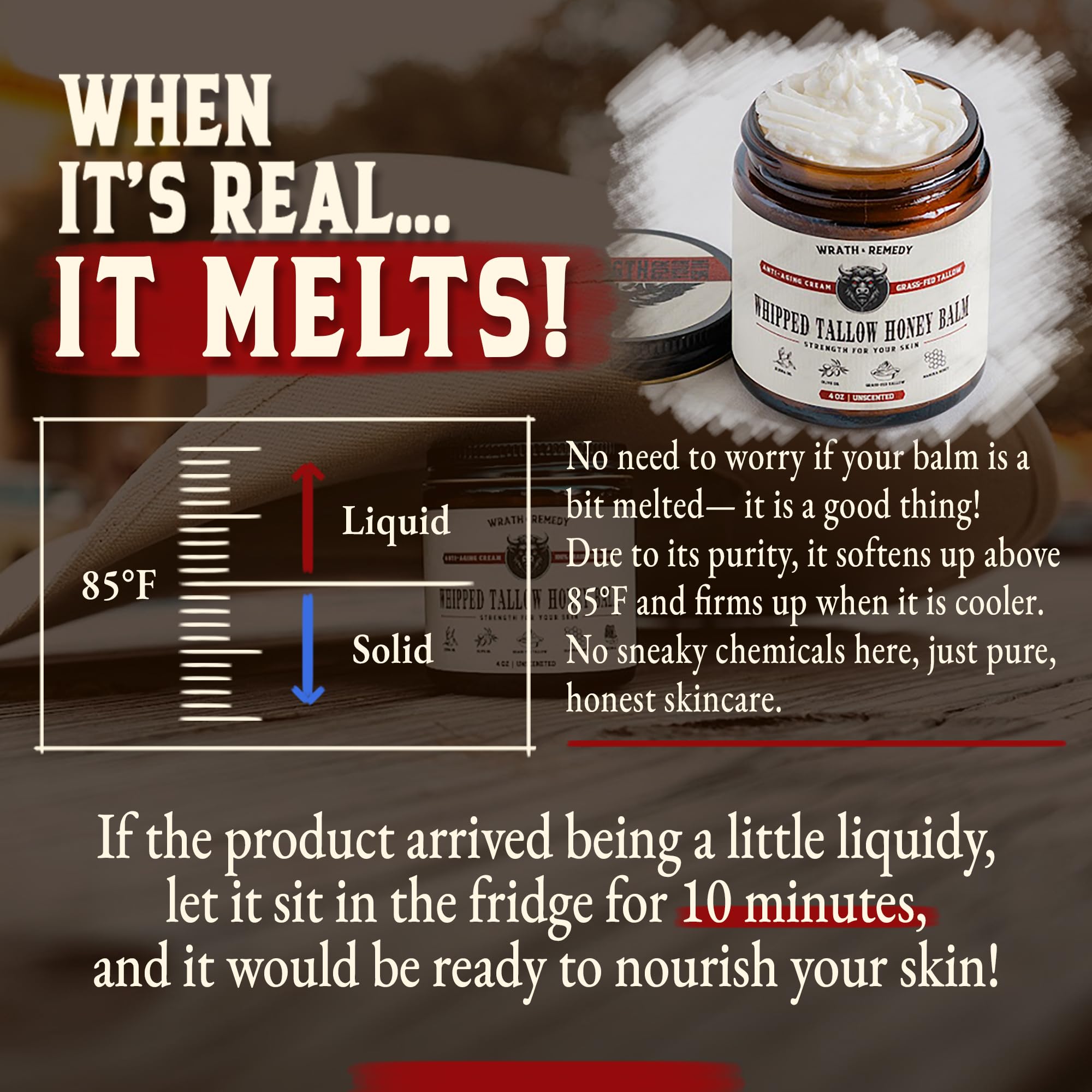 Wrath & Remedy Organic Beef Tallow for Skin - Unscented Whipped Balm 4 oz (Grass-Fed, USA)