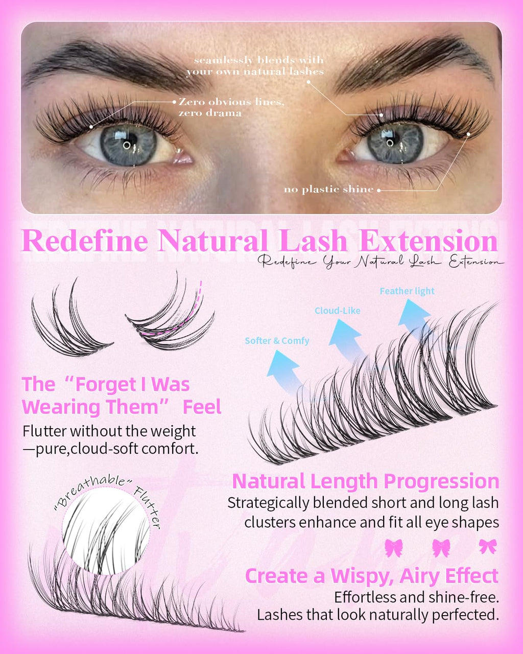 Wtvane Wispy Lash Clusters Kit Venus Invisible Band | 8-16mm Lash Extensions
