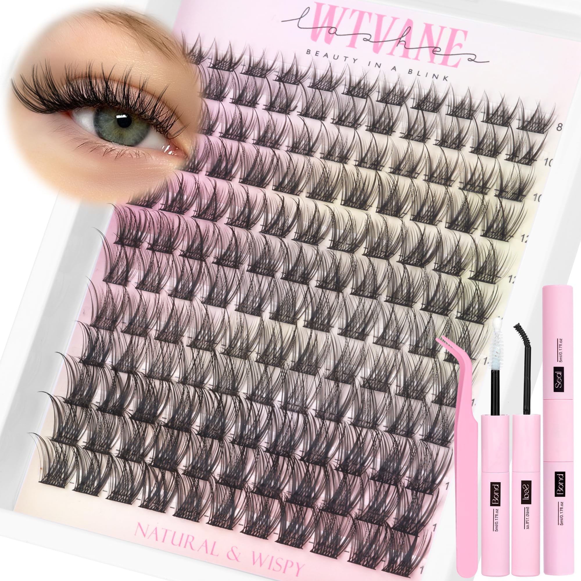 Wtvane Lash Clusters Kit Wispy Natural Lash Extensions with Bond & Seal