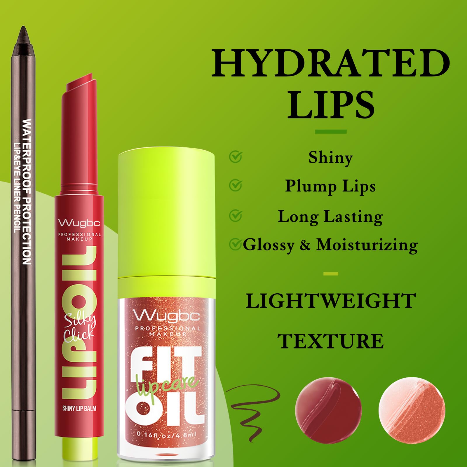 Wugbc Brown Lip Liner Glitter Lip Gloss Oil Click Lip Balm | Hydrating Lip Kit Set