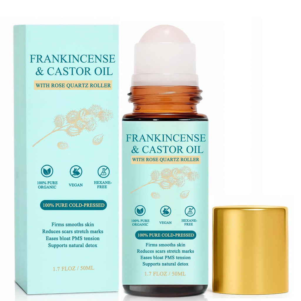 WVJIGE Frankincense & Castor Oil Rose Quartz Roller – Organic Cold-Pressed Castor Oil Roll-On, Removable Rose Quartz, 1.7 fl oz