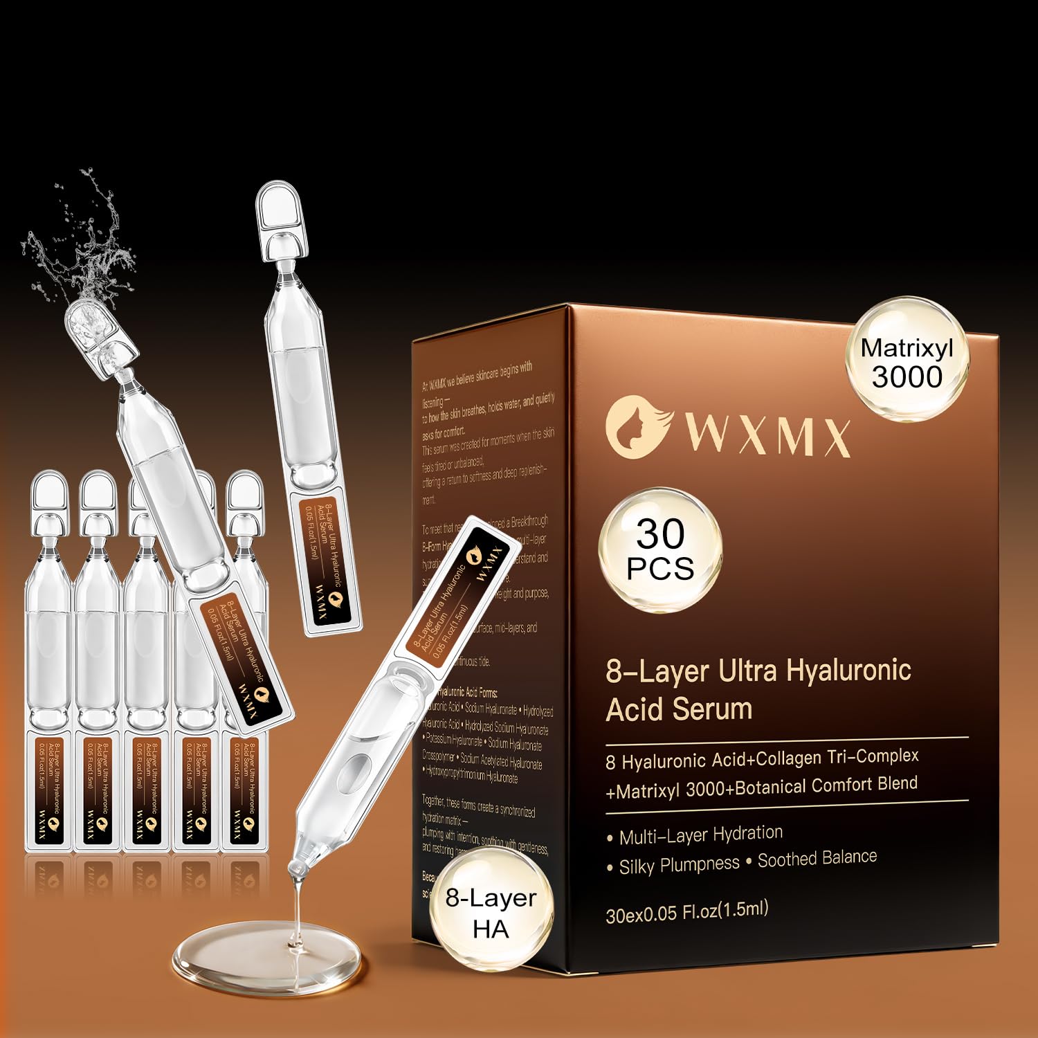 WXMX Ultra Hyaluronic Acid Serum — 8 HA Forms, Matrixyl 3000 & Collagen Tri-Complex, Multi-Layer Hydration (0.05 fl oz x 30 Ampoules)