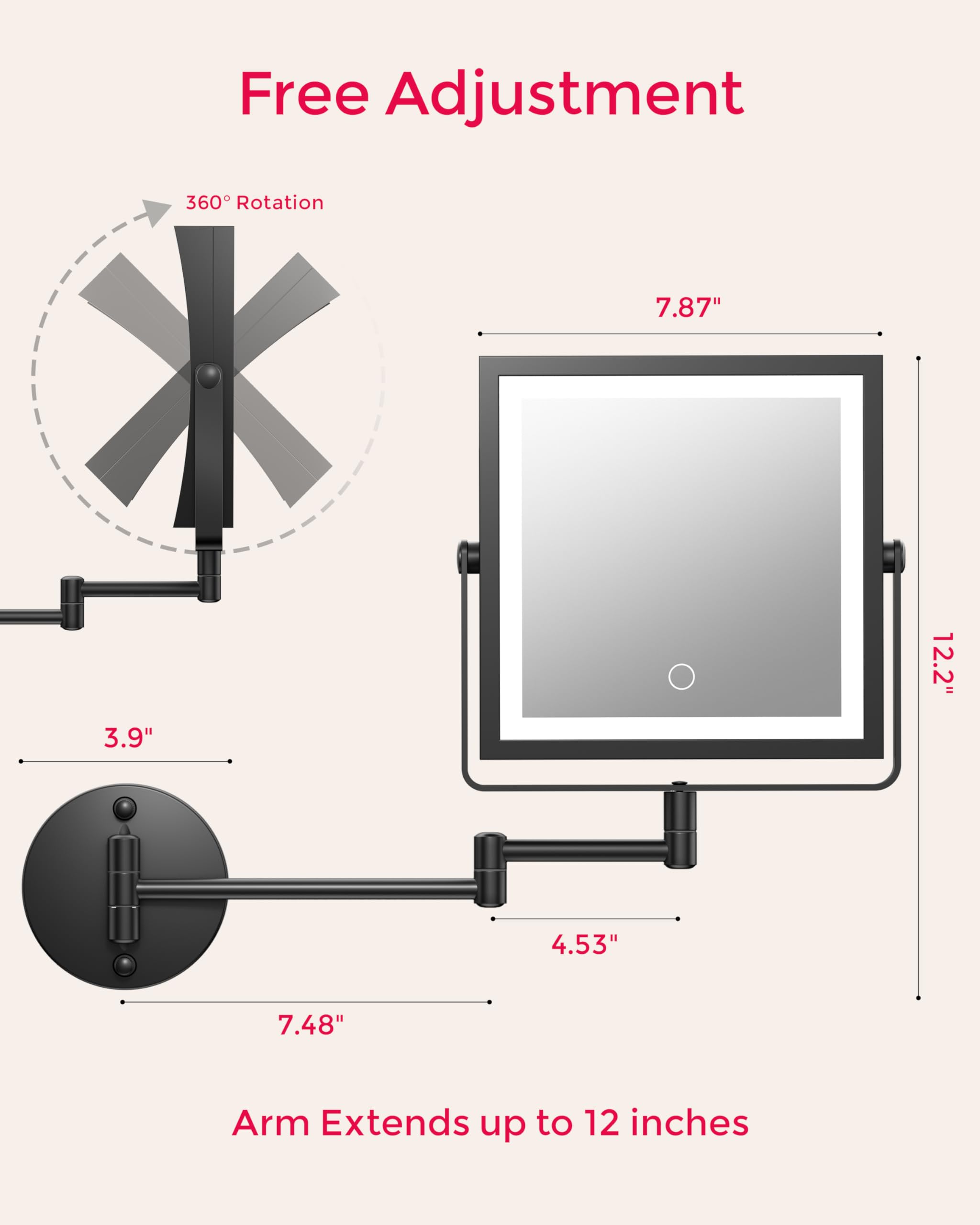 WZKALY Rechargeable Wall Mounted Makeup Mirror with Lights — 1X/10X Magnification, 3-Color LED, Foldable Arm