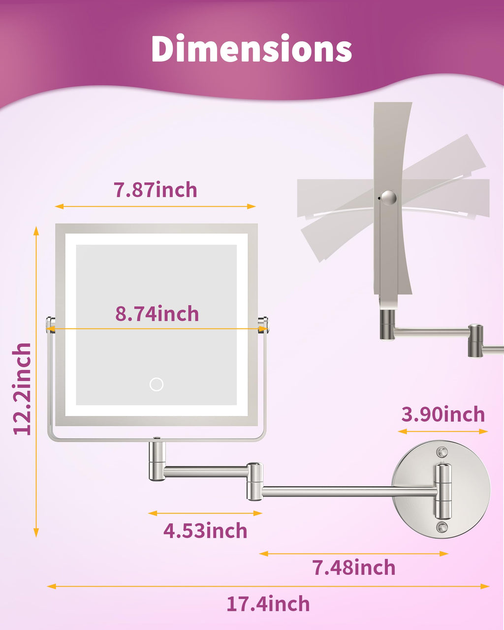 WZKALY Rechargeable Wall Mounted Makeup Mirror with Lights – 1X/10X Magnification, 3 Color Lights, Brushed Nickel