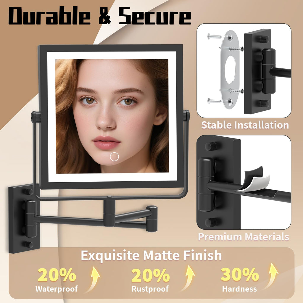WZRUA Wall Mounted Lighted Vanity Mirror with 1X/10X Magnification - 3 Color Lights & 360° Swing Arm